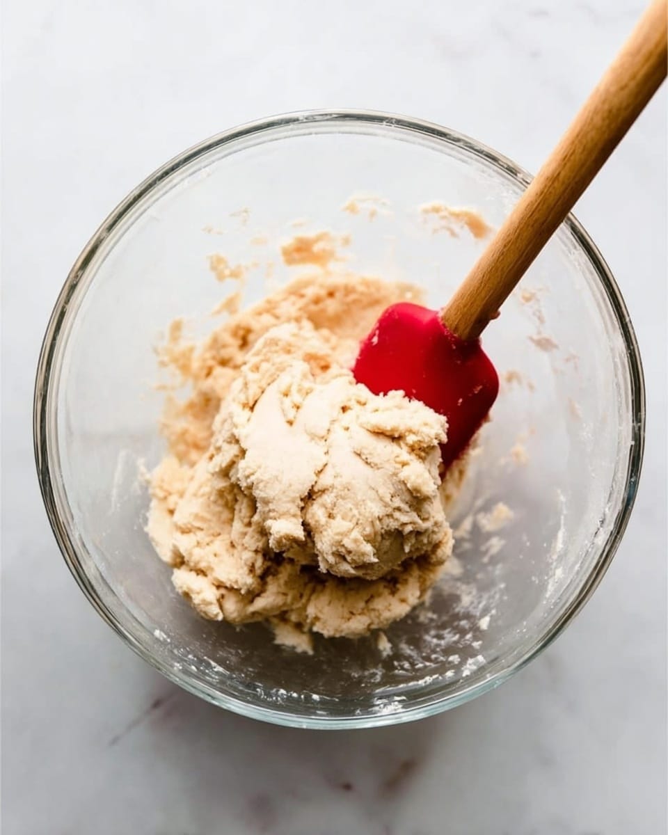 A clear glass bowl holds a lumpy ball of pale beige dough in the center, with a red rubber spatula resting inside the dough, its wooden handle pointing upward. The bowl is placed on a white marbled surface with soft natural light highlighting the dough's slightly crumbly texture. The scene is simple and clean, focusing on the dough and spatula inside the bowl photo taken with an iphone --ar 4:5 --v 7