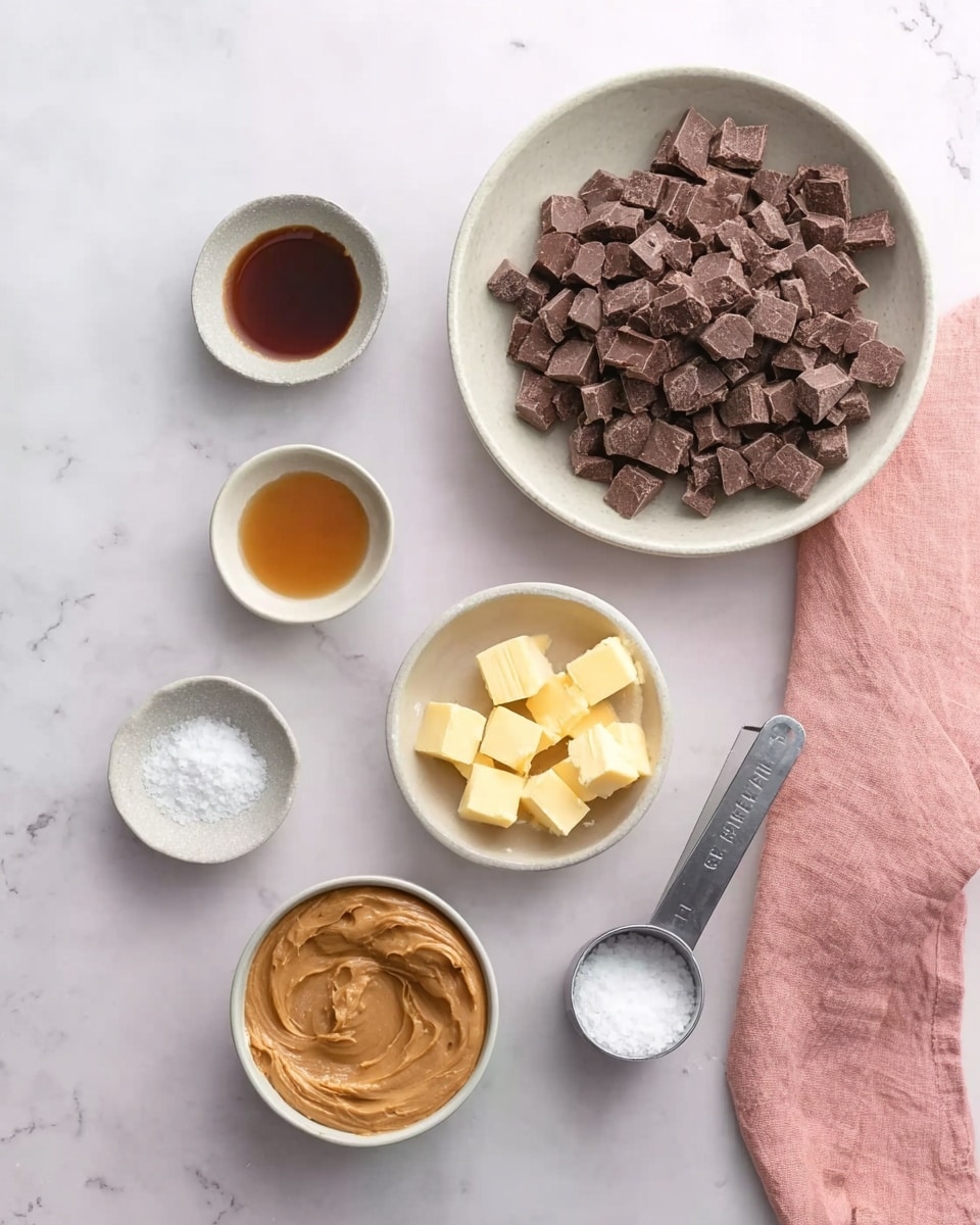A flat white marbled surface holds five small white bowls arranged loosely in a scattered pattern with a soft pink cloth napkin to the side. At the top right is a large white bowl filled with many small, dark brown square chocolate pieces. Below that is a small white bowl full of light yellow butter cubes. To the left is a tiny white bowl with a small amount of dark brown liquid, and above it a small white bowl with coarse white salt. At the bottom left is a medium white bowl filled with smooth, creamy light brown peanut butter, and next to it on the right, a metal measuring cup filled with white powdered sugar. Photo taken with an iphone --ar 4:5 --v 7