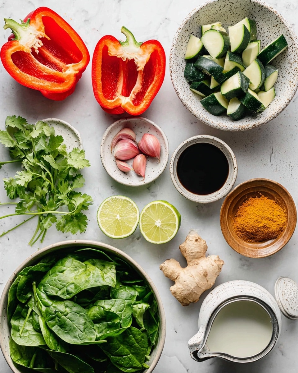 The image shows fresh ingredients neatly arranged on a white marbled surface. Starting from the top, there are two bright red bell pepper halves with their seeds and stem still attached, positioned side by side. Nearby, small chunks of dark green zucchini rest inside a white bowl with speckled texture. A partially opened can with white coconut milk is on the right, next to a tiny white bowl containing dark soy sauce and some sprigs of green cilantro. In the middle, a small white bowl holds a whole and sliced lime with vibrant green skin. To the left, two pinkish shallots and a small heap of fresh ginger root are placed close to a wooden bowl filled with golden-yellow turmeric powder. A cluster of garlic cloves, some peeled and some not, lies near a small white pitcher of clear oil. At the bottom left corner, a large white bowl is filled with fresh, dark green spinach leaves, creating a fresh and colorful display. Photo taken with an iphone --ar 4:5 --v 7