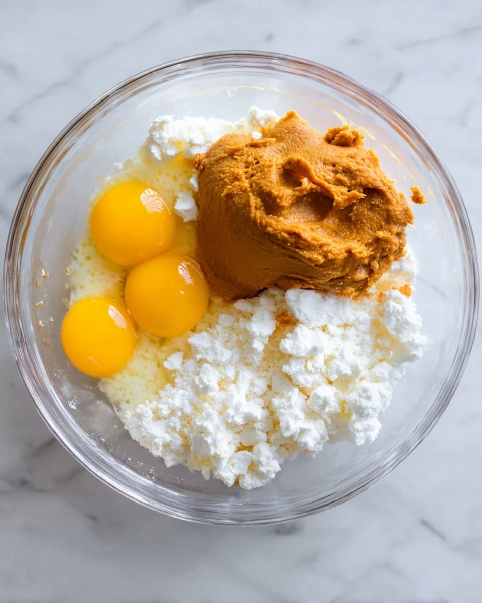 A clear glass bowl sits on a white marbled surface, filled with three main layers of ingredients. The bottom layer is white and crumbly, taking up most of the bowl's base. On one side, there are three bright yellow raw egg yolks sitting on top of the white layer, with clear egg whites spread around them. Next to the eggs, there is a large, thick, and smooth orange-brown substance placed in a mound. The overall look shows the ingredients waiting to be mixed together. photo taken with an iphone --ar 4:5 --v 7
