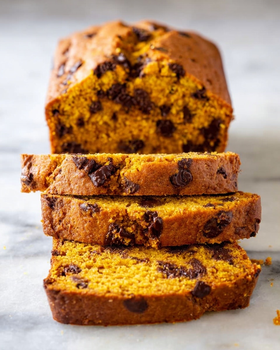 A loaf of pumpkin bread with chocolate chips is shown on a white marbled surface. The bread has a golden-brown crust with a slightly rough texture. Three slices are cut at the front, revealing a soft, moist interior with a warm orange color speckled evenly with dark brown chocolate chips. The slices are stacked slightly unevenly, showing the thickness and crumbly edges of each piece. The loaf in the background is still whole, with a slightly cracked top and visible chocolate chips. Photo taken with an iphone --ar 4:5 --v 7