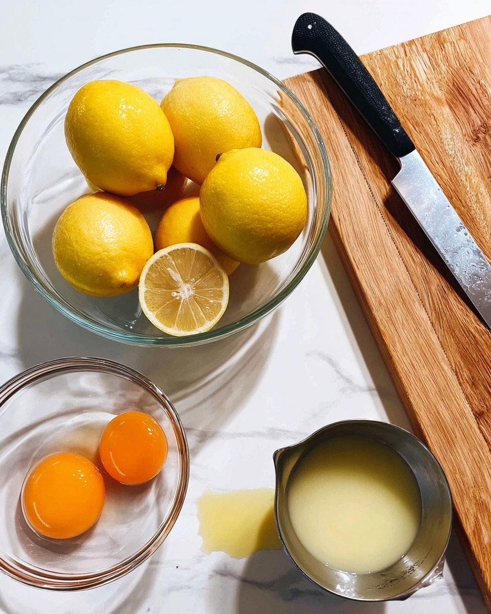 A clear glass bowl filled with seven whole yellow lemons and one lemon cut in half, showing the pale yellow inside, sits on a white marbled surface. Next to it, a smaller clear bowl holds three bright orange egg yolks. To the right, there is a wooden cutting board with a black-handled knife resting on it. In the lower right corner, a metal cup with light yellow liquid is slightly spilled on the white marbled surface. Photo taken with an iphone --ar 4:5 --v 7