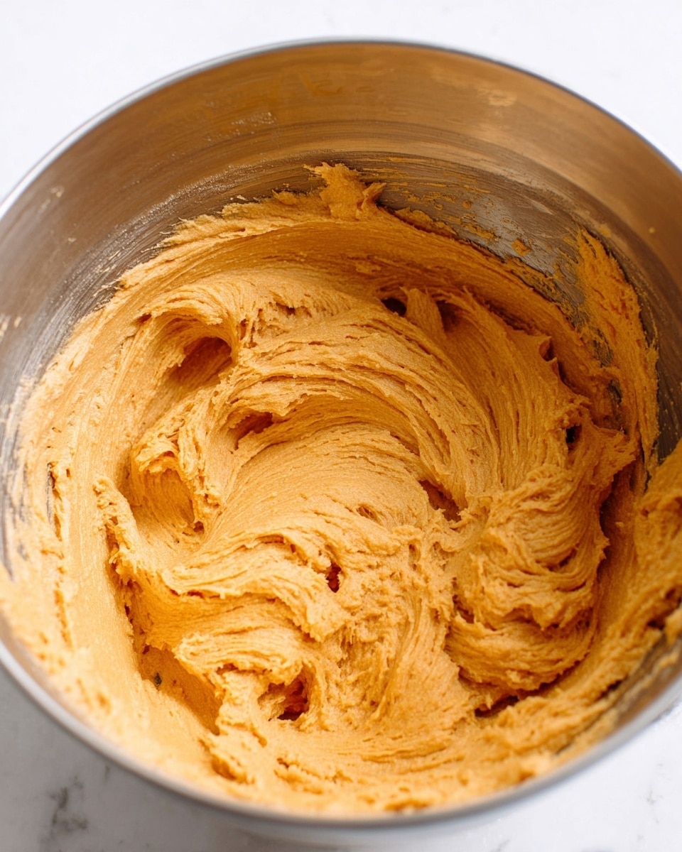 A close-up image shows thick, creamy dough in a shiny metal mixing bowl. The dough is a warm orange color with a smooth yet slightly textured surface. There are swirls and ridges around the middle and edges where the dough has been mixed, giving it a soft, fluffy look. The bowl sits on a white marbled surface. photo taken with an iphone --ar 4:5 --v 7