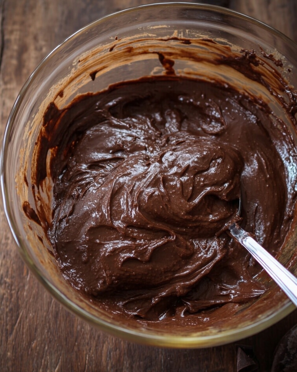 A close-up view of a clear glass bowl containing thick, dark brown chocolate batter with a smooth, slightly glossy texture. The batter fills about half the bowl and has gentle waves and folds formed by stirring. A metal spoon is partially submerged on the right side of the bowl. The bowl sits on a dark wooden surface. photo taken with an iphone --ar 4:5 --v 7