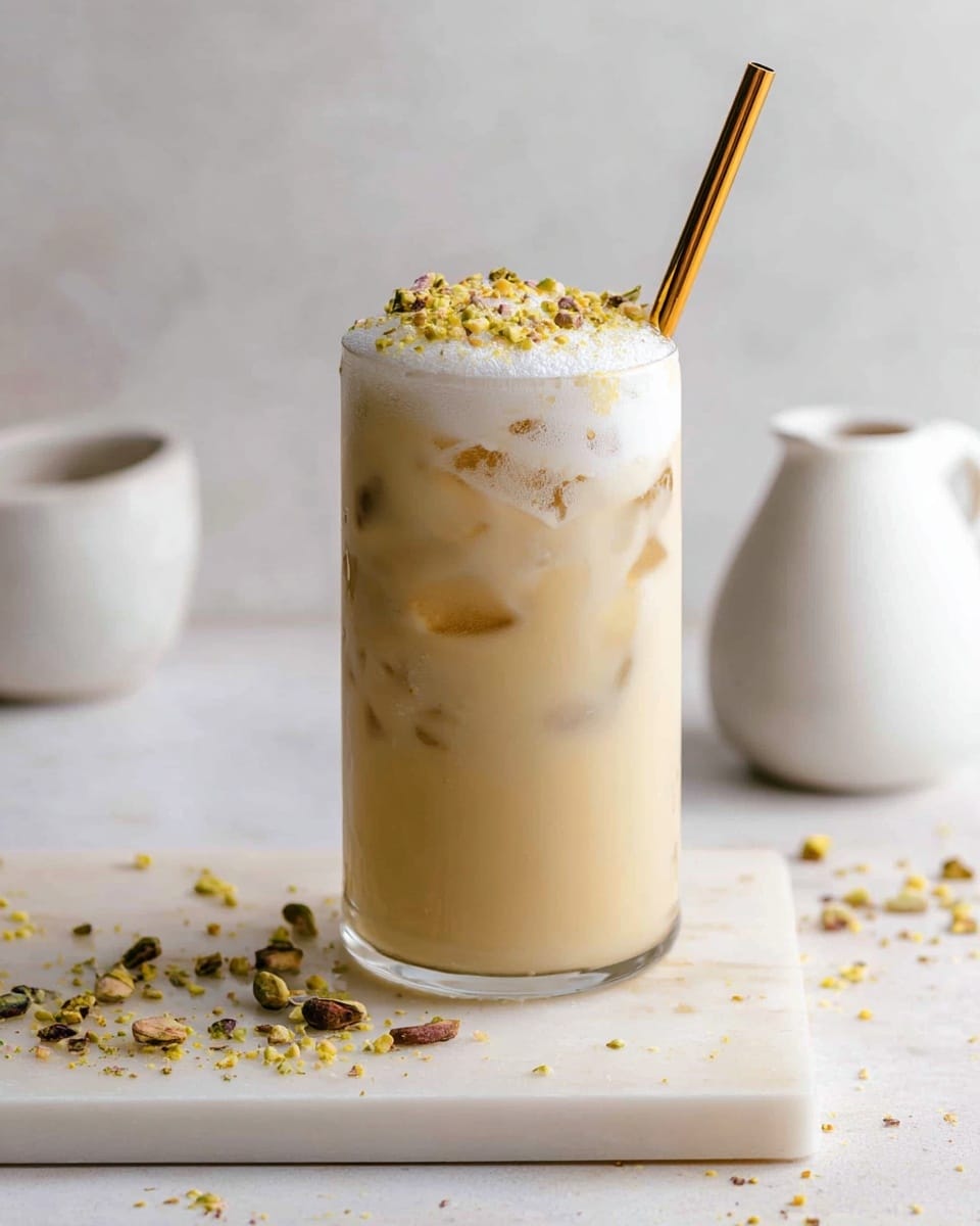 A tall clear glass filled with a light beige iced drink showing ice cubes throughout, topped with a thick layer of white foam sprinkled with crushed pistachios. A golden straw is placed in the foam, leaning slightly to the side. The glass sits on a white marbled board with some crushed pistachios scattered around it on a white marbled surface. In the background to the right, there is a small white ceramic jug slightly out of focus. Photo taken with an iphone --ar 4:5 --v 7