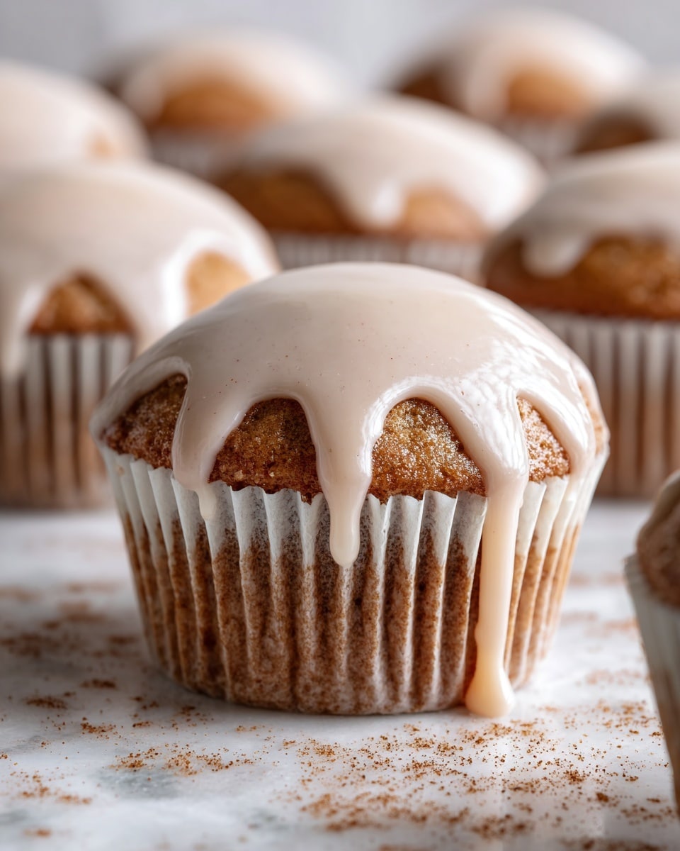 A close-up view shows a row of brown muffins with a smooth, light beige icing dripping over the top and down the sides of each muffin, with some icing pooling slightly at the base. The muffins are in white paper liners, and you can see a soft, slightly textured surface on the muffins under the icing. They are placed on a white marbled surface sprinkled lightly with brown crumbs or powder. The background is softly blurred with more muffins visible, creating depth in the image. photo taken with an iphone --ar 4:5 --v 7