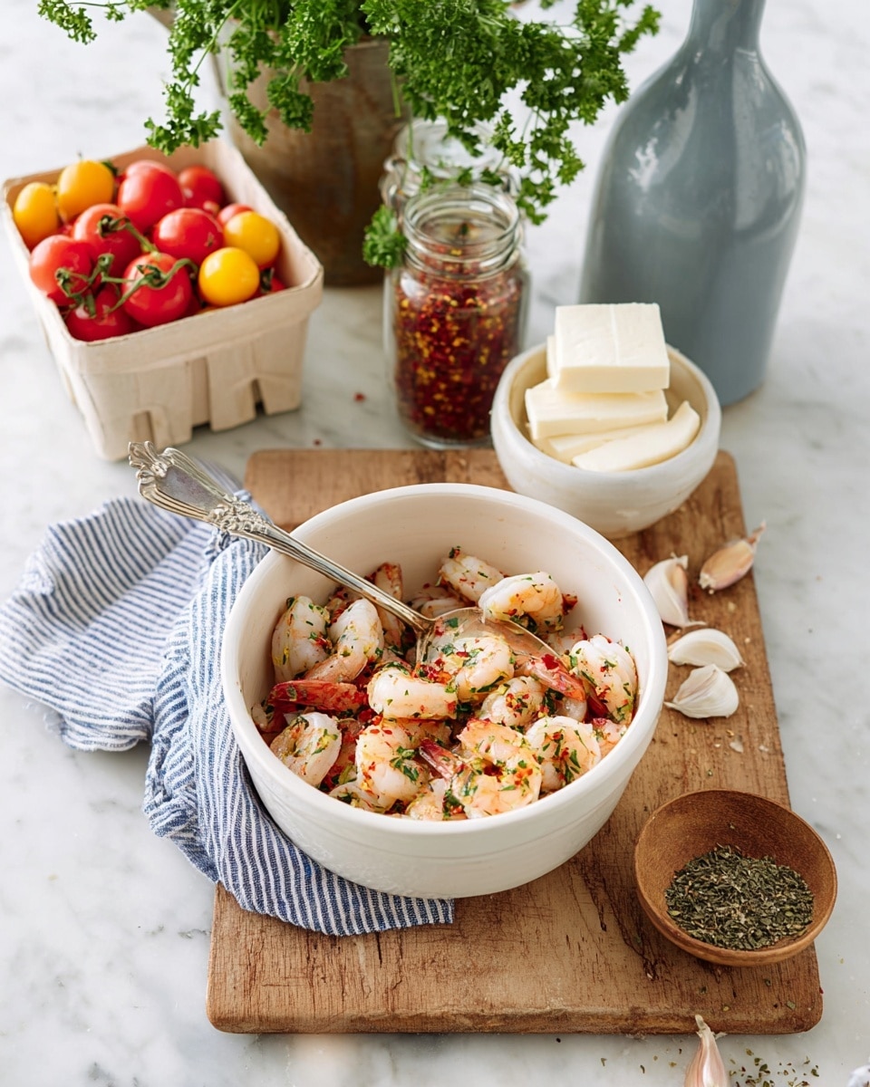 A white bowl filled with raw shrimp marinated in herbs and red chili flakes, with a silver spoon inside the bowl; behind it, a small white container holds stacked white cheese blocks; next to it is a blue-gray bottle. To the left, a brown box contains small red and yellow cherry tomatoes, resting on a blue and white striped cloth with fresh parsley hanging overhead. The setup is on a wooden board placed on a white marbled surface, with a jar of red chili flakes, a small wooden bowl of dried herbs, and garlic cloves scattered around. Photo taken with an iphone --ar 4:5 --v 7