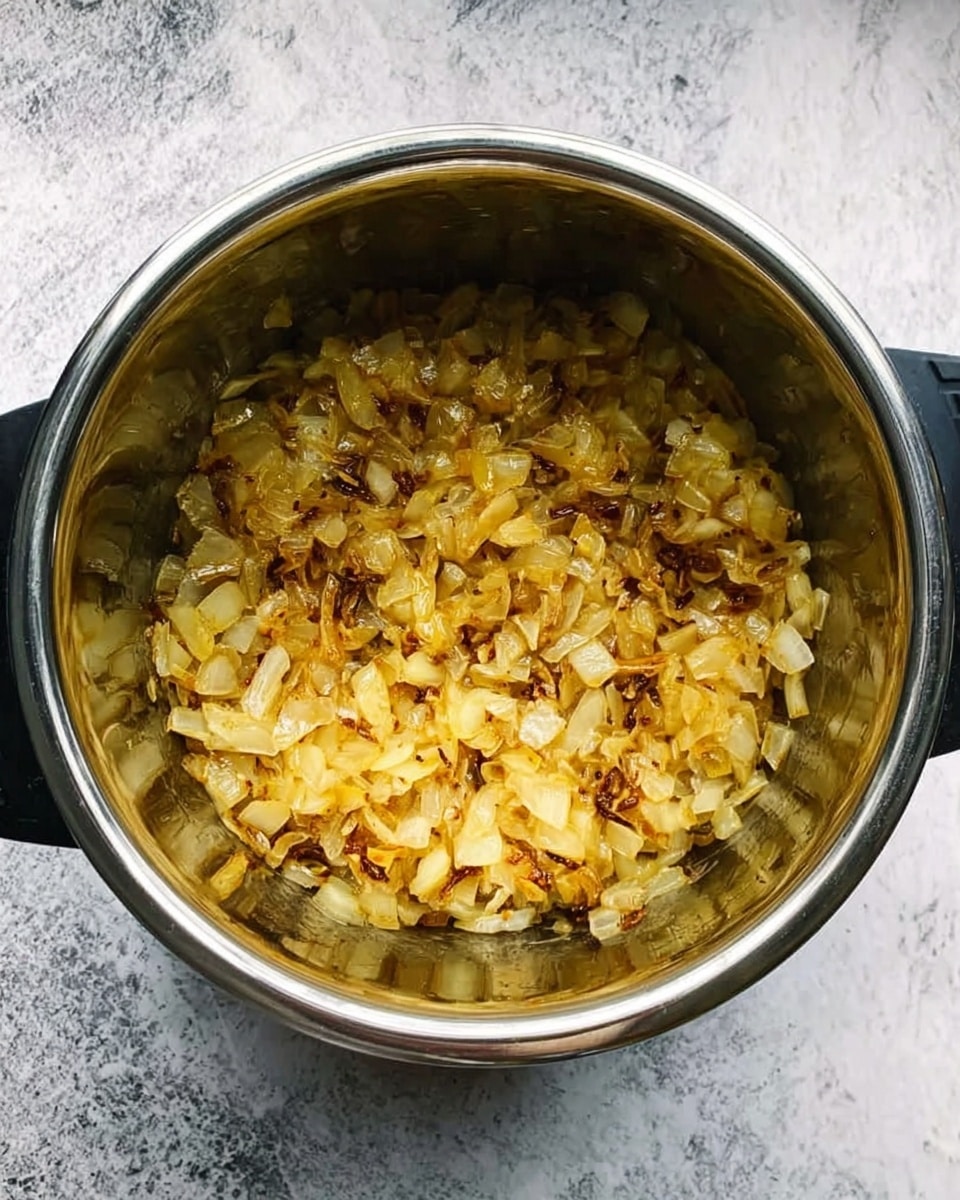 A top view of a silver pot with a few layers of cooked chopped onions inside; the chopped onions are lightly golden yellow and brown with a soft texture, showing they are sautéed. The shiny metal pot contrasts with the white marbled surface beneath it. photo taken with an iphone --ar 4:5 --v 7