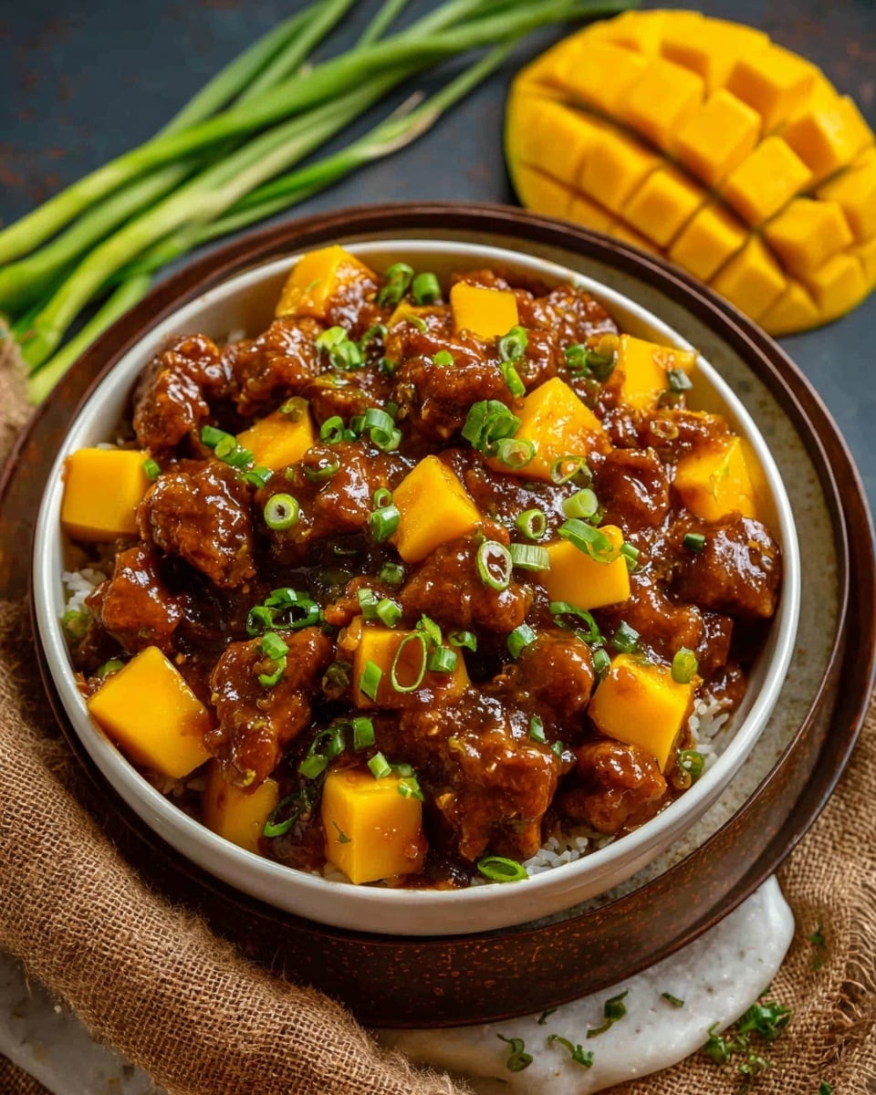 A bowl filled with a rich, saucy dish that has four layers of bright yellow mango chunks, small pieces of browned meat coated in glossy brown sauce, and bits of green chopped onions scattered on top. The bowl is white and sits on a piece of brown rough fabric resting on a round metal tray with a white marbled texture underneath. There is a yellow mango piece and some green stems placed loosely in the background. photo taken with an iphone --ar 4:5 --v 7