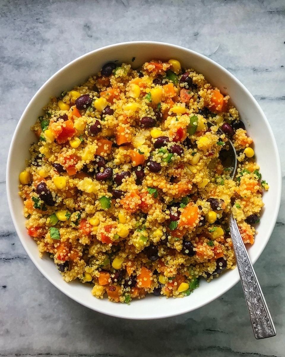 The image shows a white bowl filled with a colorful mix of small yellow grains, black beans, yellow corn, orange diced vegetables, and small green pieces. The grains create a rough texture holding all the ingredients together. A silver spoon rests inside the bowl on the right side. The bowl sits on a white marbled surface. photo taken with an iphone --ar 4:5 --v 7