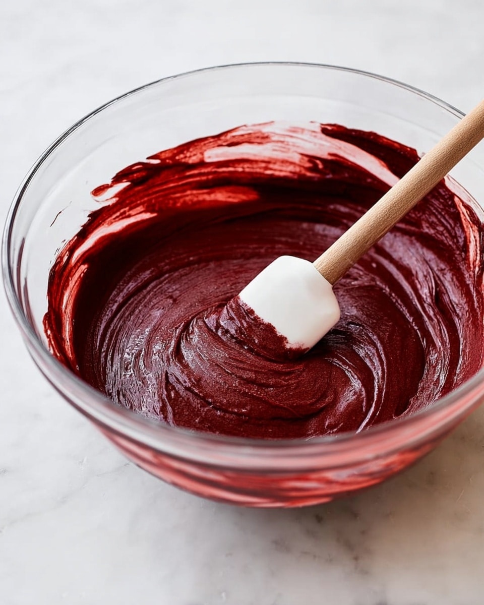 A clear glass bowl is filled with smooth, thick dark red batter with glossy texture. A wooden spatula with a white silicone head is resting inside the bowl, coated in the same dark red batter. The bowl is placed on a white marbled surface, and some batter is spread along the sides of the bowl showing slight swirling and movement. photo taken with an iphone --ar 4:5 --v 7