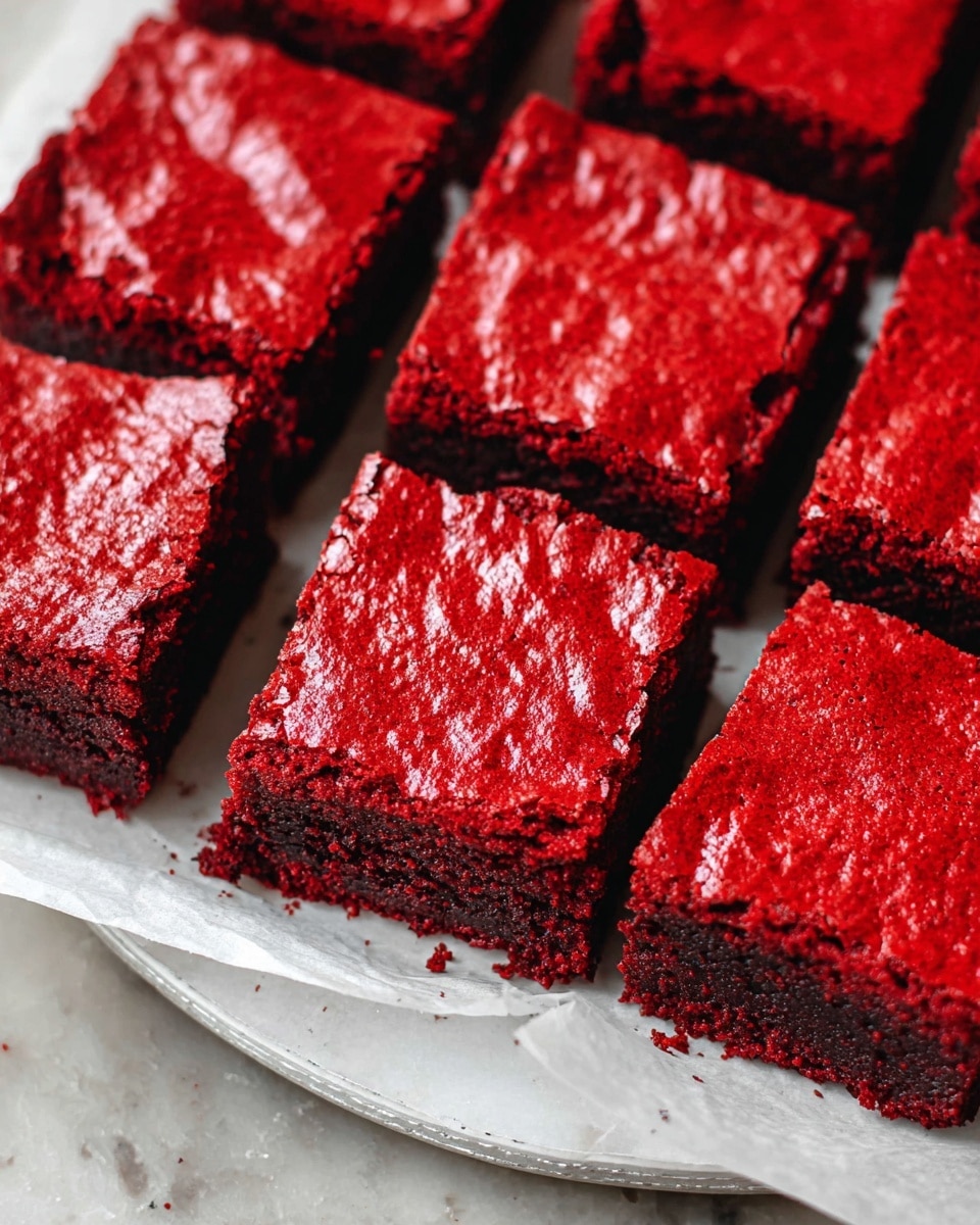 A close-up view of a tray filled with neatly cut square red velvet brownies arranged in three rows. Each brownie has a shiny, slightly cracked red top layer with a dense, moist texture underneath. The rich red color covers the whole piece with slight darker edges, showing a baked look. The brownies sit on white parchment paper inside a white round tray, which is placed on a white marbled textured surface. Small crumbs are scattered around the tray edges, enhancing the fresh-baked feel. photo taken with an iphone --ar 4:5 --v 7