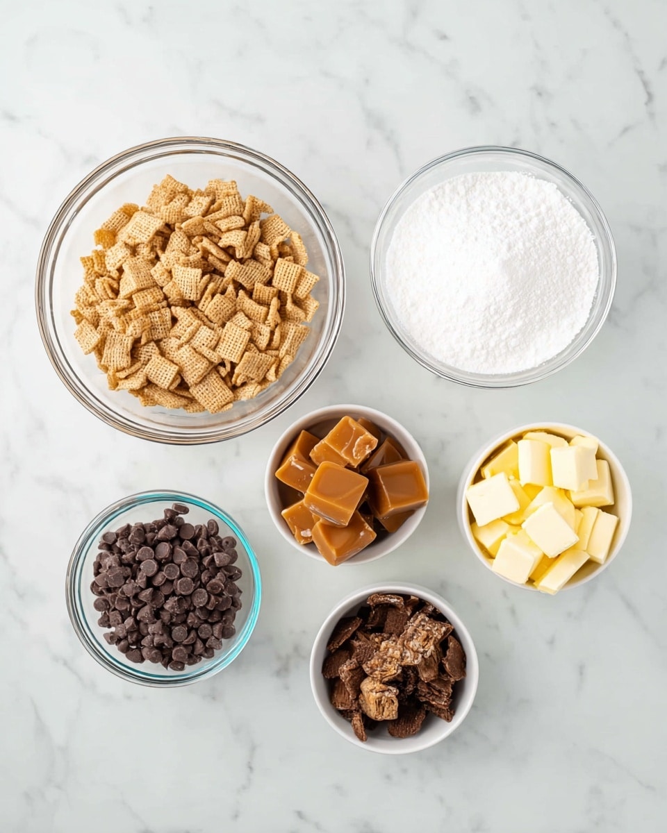 The image shows six glass bowls arranged on a white marbled surface. The largest bowl at the bottom left contains light brown Chex cereal pieces with a crisp texture. Above it, a medium glass bowl holds pure white powdered sugar with a fine, soft texture. To the right of the powdered sugar, a smaller bowl is filled with thick, shiny caramel candy cubes in a light brown color. Below the caramel, another small glass bowl contains dark chocolate chips that look smooth and glossy. To the far right, two smaller white bowls sit side by side; one has chocolate-covered candy pieces with rough, broken edges in a dark brown shade, while the other holds soft pale yellow butter chunks with a smooth, creamy texture. The overall look is bright and clean. photo taken with an iphone --ar 4:5 --v 7