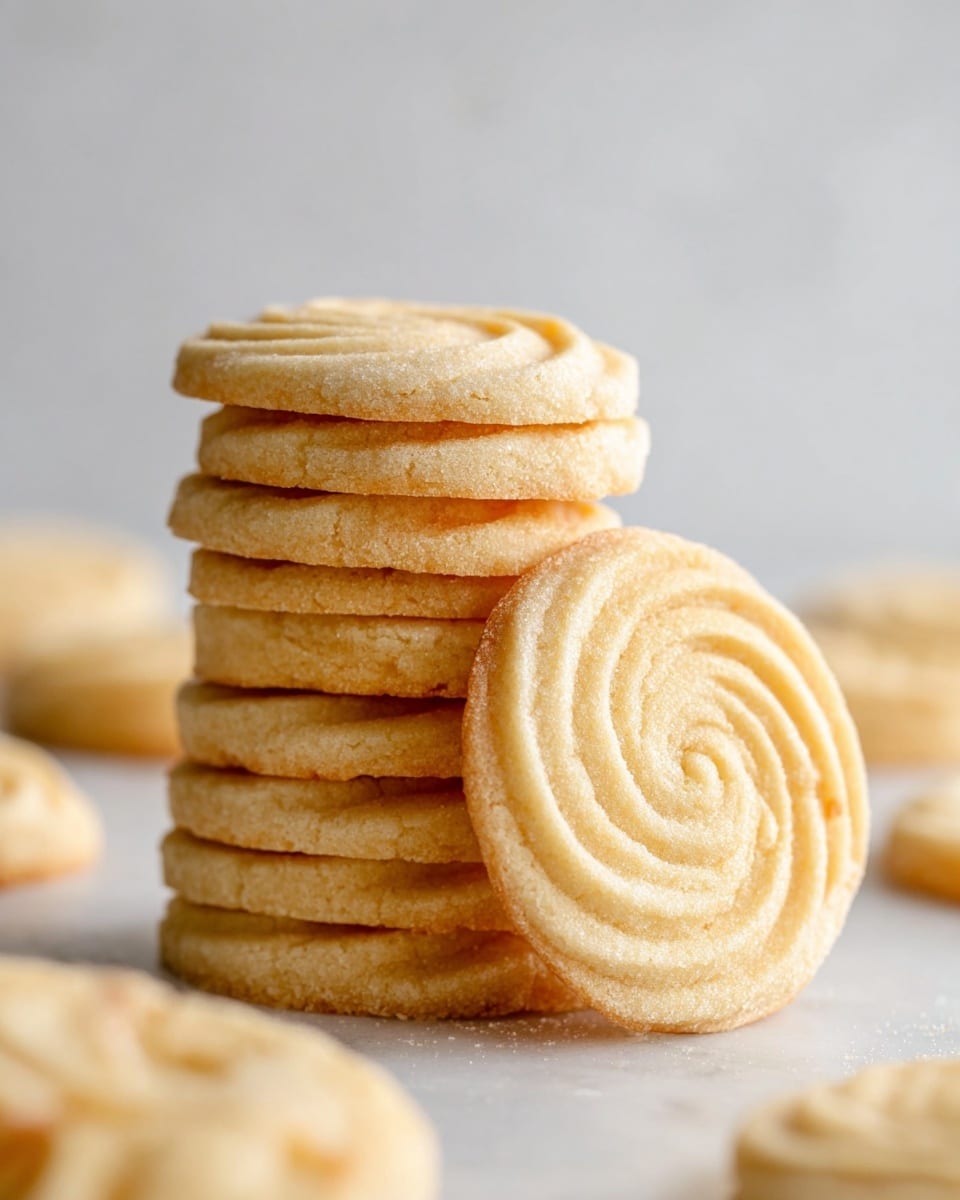 A close-up view of a tall stack of light golden brown swirled butter cookies with a smooth, slightly crumbly texture arranged neatly on a white marbled surface. One cookie leans against the stack, showing the rounded edges and swirled pattern on top. In the blurred background, there are more scattered cookies with the same swirled design, keeping the focus on the central stack. The overall color scheme is warm and soft with the subtle shadows enhancing the cookie shapes. photo taken with an iphone --ar 4:5 --v 7