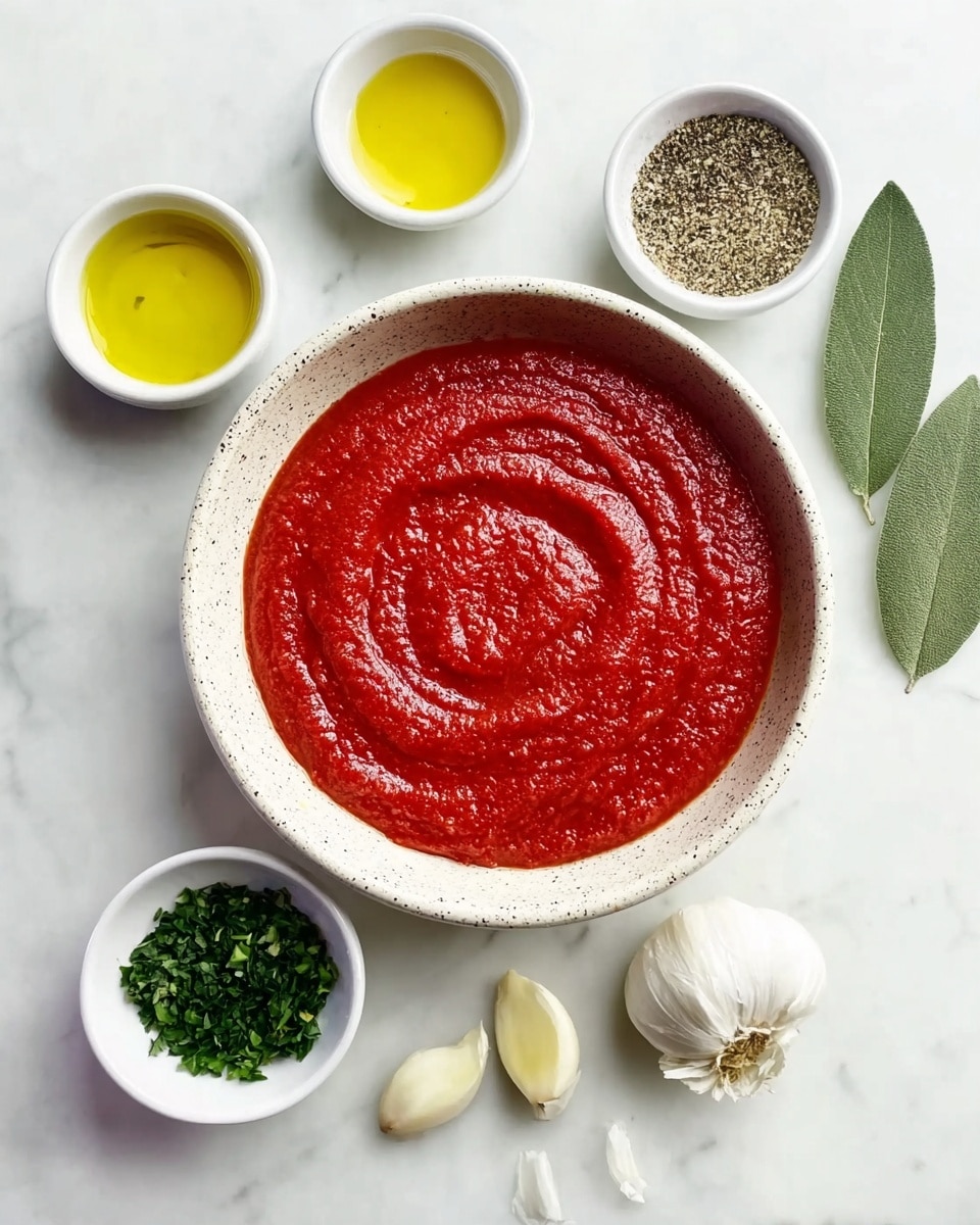 A white speckled bowl filled with smooth, thick red tomato sauce swirled in a spiral pattern is in the center on a white marbled surface. Around the bowl are small white bowls holding chopped green herbs, yellow olive oil, ground black pepper, and dried green oregano. Two cloves of garlic and a single green bay leaf are also placed nearby. The overall setup is neat and colorful with a fresh, simple look. photo taken with an iphone --ar 4:5 --v 7