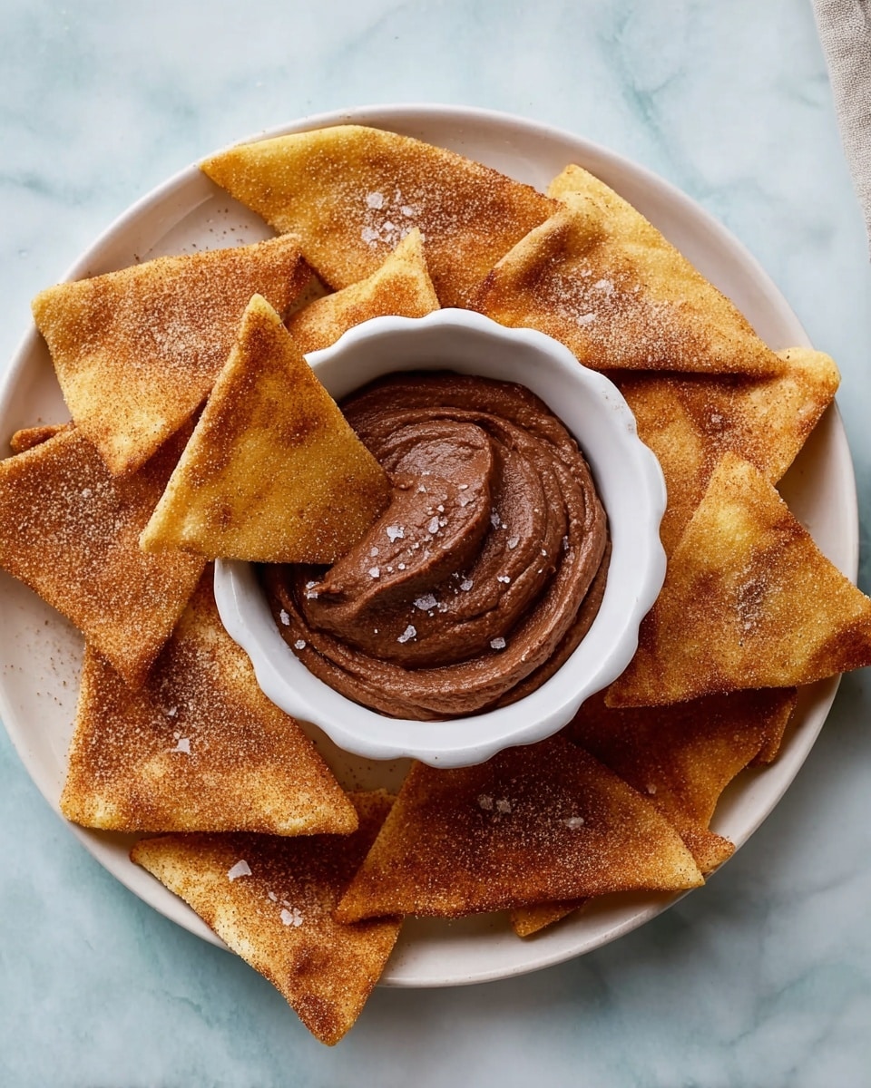 A white round plate holds a small white scalloped bowl filled with thick, smooth brown dip that has a slightly swirled texture and a few grains of coarse salt on top. Surrounding the bowl are many triangular pieces of golden brown chips, dusted with a fine layer of cinnamon sugar, arranged in a layered pile that covers most of the plate. One chip is partly dipped into the thick brown spread, resting on the edge of the bowl. The plate is placed on a white marbled surface. Photo taken with an iphone --ar 4:5 --v 7