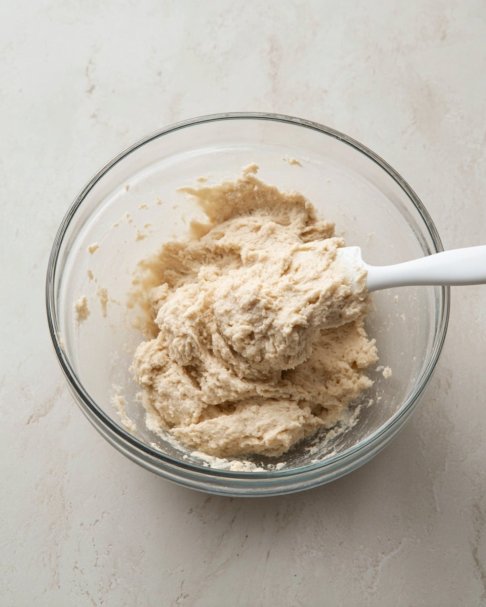 A clear glass bowl sits on a white marbled surface, filled halfway with a creamy beige dough that has a soft, slightly rough texture with small air pockets. A white spatula is stuck into the dough on the right side, lifting a portion of it, showing its dense, sticky consistency. There are small bits of dough scattered on the inner side of the bowl, adding a sense of recent mixing. The scene is simple and clean with soft lighting highlighting the dough’s texture. photo taken with an iphone --ar 4:5 --v 7