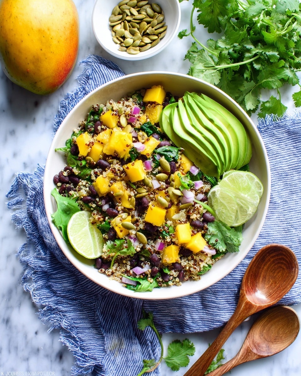 A white bowl filled with a colorful quinoa salad that has a mix of small yellow mango cubes, black beans, chopped green spinach leaves, and small bits of red onion as the base layer. On top, there are light green slices of avocado placed in a curve along one side, roasted pumpkin seeds scattered over the salad, and fresh cilantro leaves added as garnish. At the edge of the bowl, two lime wedges rest on the salad. The bowl sits on a blue striped cloth with two wooden spoons nearby, and in the background, there is a whole mango, a bunch of cilantro, and a small white bowl of pumpkin seeds on a white marbled surface. photo taken with an iphone --ar 4:5 --v 7