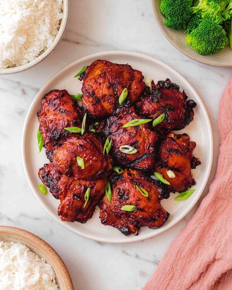 On a white plate placed on a white marbled surface, there are eleven pieces of dark reddish-brown, grilled chicken thighs with a slightly charred, glossy texture. The chicken is garnished with small, thin slices of green onion scattered over the top. In the background, to the left, there is a white bowl filled with plain white rice, and to the right, part of a white bowl with bright green broccoli florets can be seen. A pink cloth napkin is partially visible in the upper right corner. photo taken with an iphone --ar 4:5 --v 7