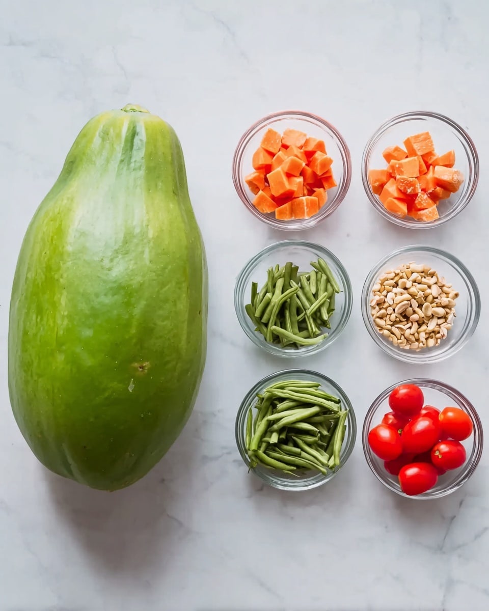 A large whole green papaya sits on the left side of the image with a smooth, slightly shiny surface. To the right, four small clear glass bowls are arranged in two rows on a white marbled texture. The top row has two bowls: the left bowl contains small orange pieces, and the right bowl has crushed beige nuts. The bottom row has two bowls: the left bowl holds green long beans cut into short segments, and the right bowl is filled with halved bright red cherry tomatoes. The arrangement is clean and simple, with all items clearly visible. photo taken with an iphone --ar 4:5 --v 7