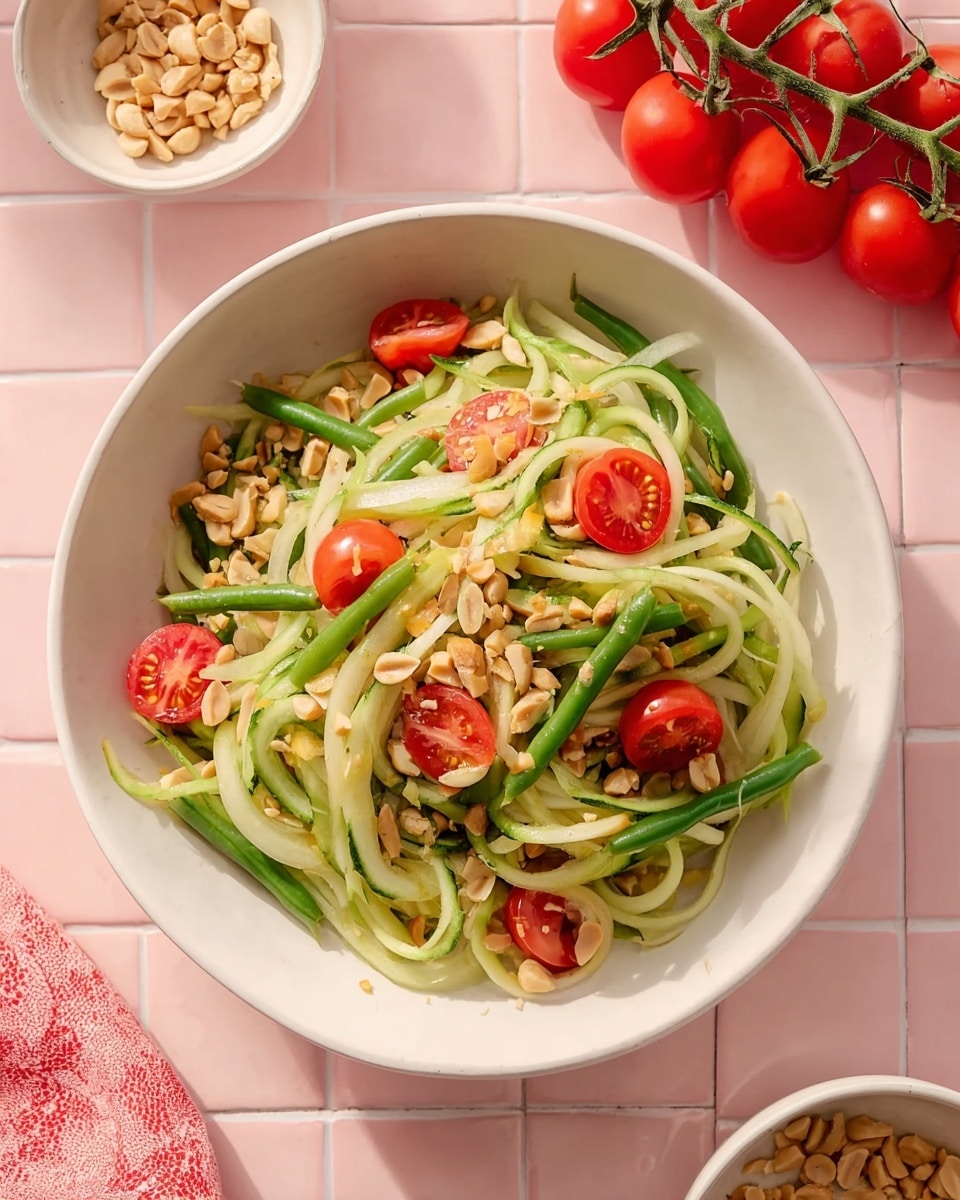 A white bowl filled with a salad made of light green and white spiralized vegetable strips as the first layer, bright green long beans scattered throughout the salad, and halved bright red cherry tomatoes placed evenly on top. Crushed light brown peanuts are small pieces sprinkled over the salad. The bowl rests on a pink tiled surface with a small white bowl of extra crushed peanuts and a bunch of cherry tomatoes on the vine nearby. Photo taken with an iphone --ar 4:5 --v 7