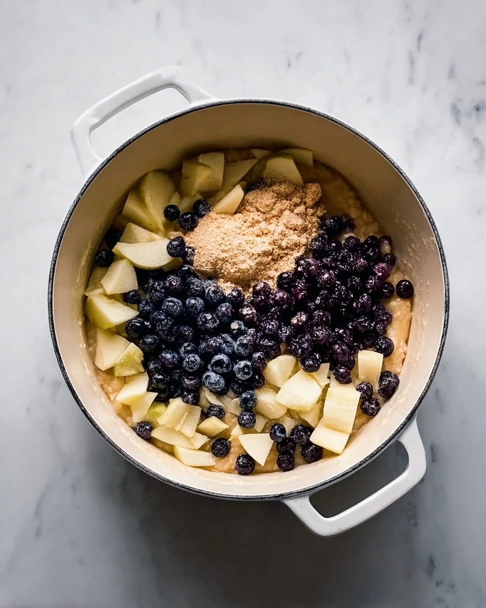 The image shows a white pot with two handles on a white marbled surface, filled with an arrangement of ingredients layered inside. At the bottom, there is a pale beige batter spread evenly, topped with chunks of light yellow fruit, likely apples. Over the fruit, there is a central pile of small dark blue berries scattered generously. On one side, a light brown powdery ingredient is placed in a mound on top of the fruit. The colors contrast clearly inside the pot with textures varying from creamy batter, soft fruit pieces, small round berries, and powder. photo taken with an iphone --ar 4:5 --v 7