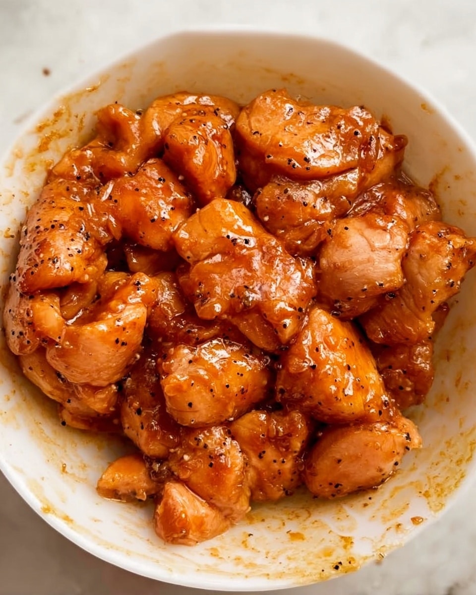 This image shows a close-up view of many pieces of marinated chicken placed together in a white bowl. The chicken pieces are covered with a shiny, orange-brown sauce that looks thick and sticky. Small black pepper specks are visible on the surface, and the texture of the chicken is smooth with some uneven shapes. The bowl sits on a white marbled surface, and there are some sauce stains around the edges inside the bowl. The lighting highlights the glossy appearance of the sauce on the chicken pieces. photo taken with an iphone --ar 4:5 --v 7