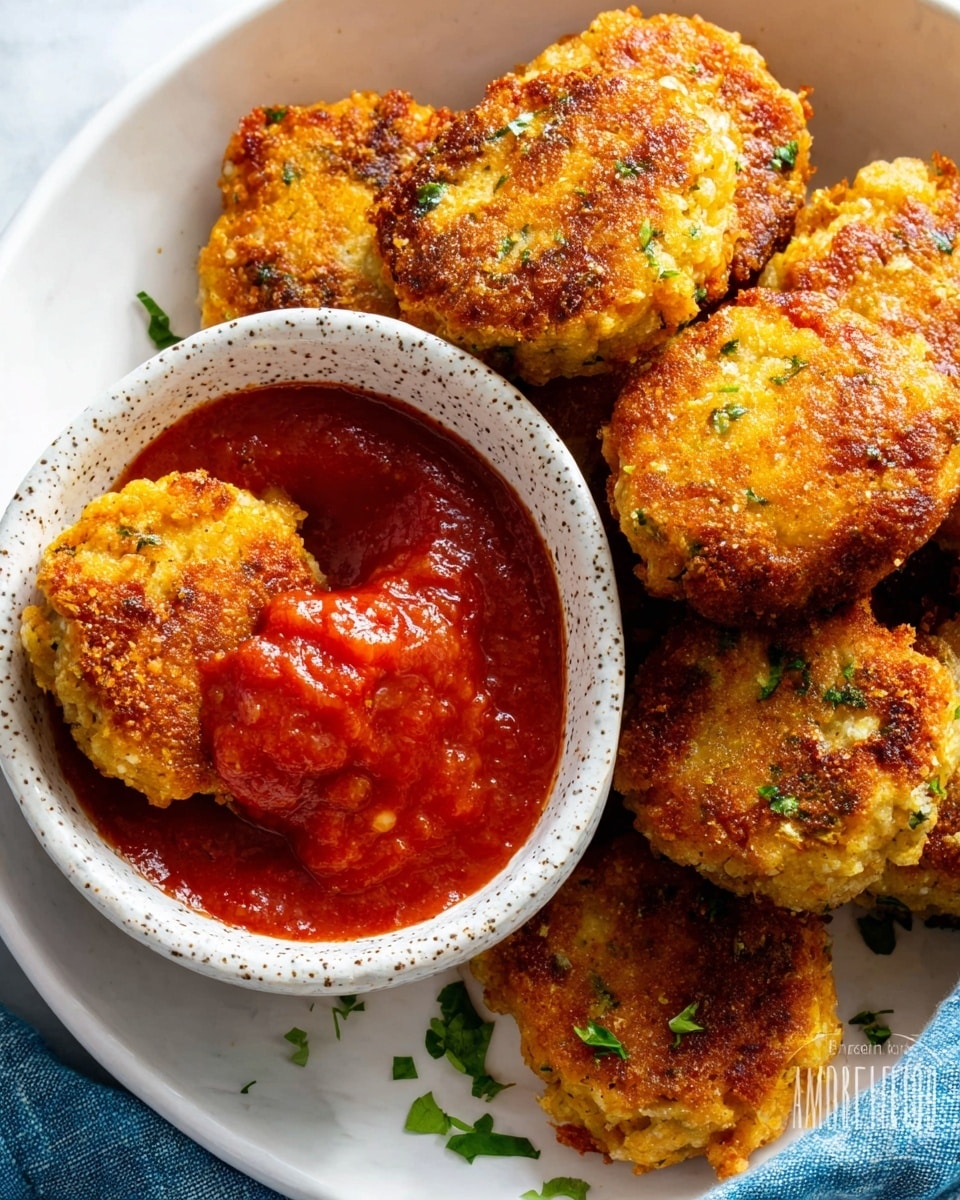 Golden brown patties with a crispy, slightly uneven surface, scattered with small green herb bits, are piled beside and partially inside a white speckled bowl filled about halfway with thick, bright red sauce. One patty is dipped into the sauce, showing a mix of the sauce coating its lower half and its crunchy texture above. The bowl and patties sit on a white marbled surface with a hint of a blue cloth at the bottom right corner. Small bits of green herbs are sprinkled around the patties and on the surface. Photo taken with an iphone --ar 4:5 --v 7