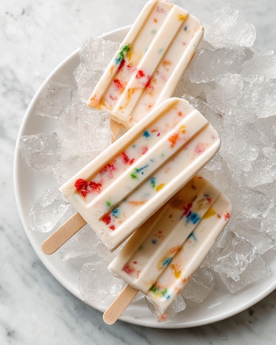 Three popsicles lie on a bed of clear ice cubes on a white plate, which sits on a white marbled surface. Each popsicle has a creamy, pale base with colorful bits of red, yellow, green, and blue scattered inside. The popsicles are rectangular with four narrow segments on the front, and each has a light wooden stick coming out from the bottom. The ice cubes around them are irregular in shape and look cold and shiny. photo taken with an iphone --ar 4:5 --v 7