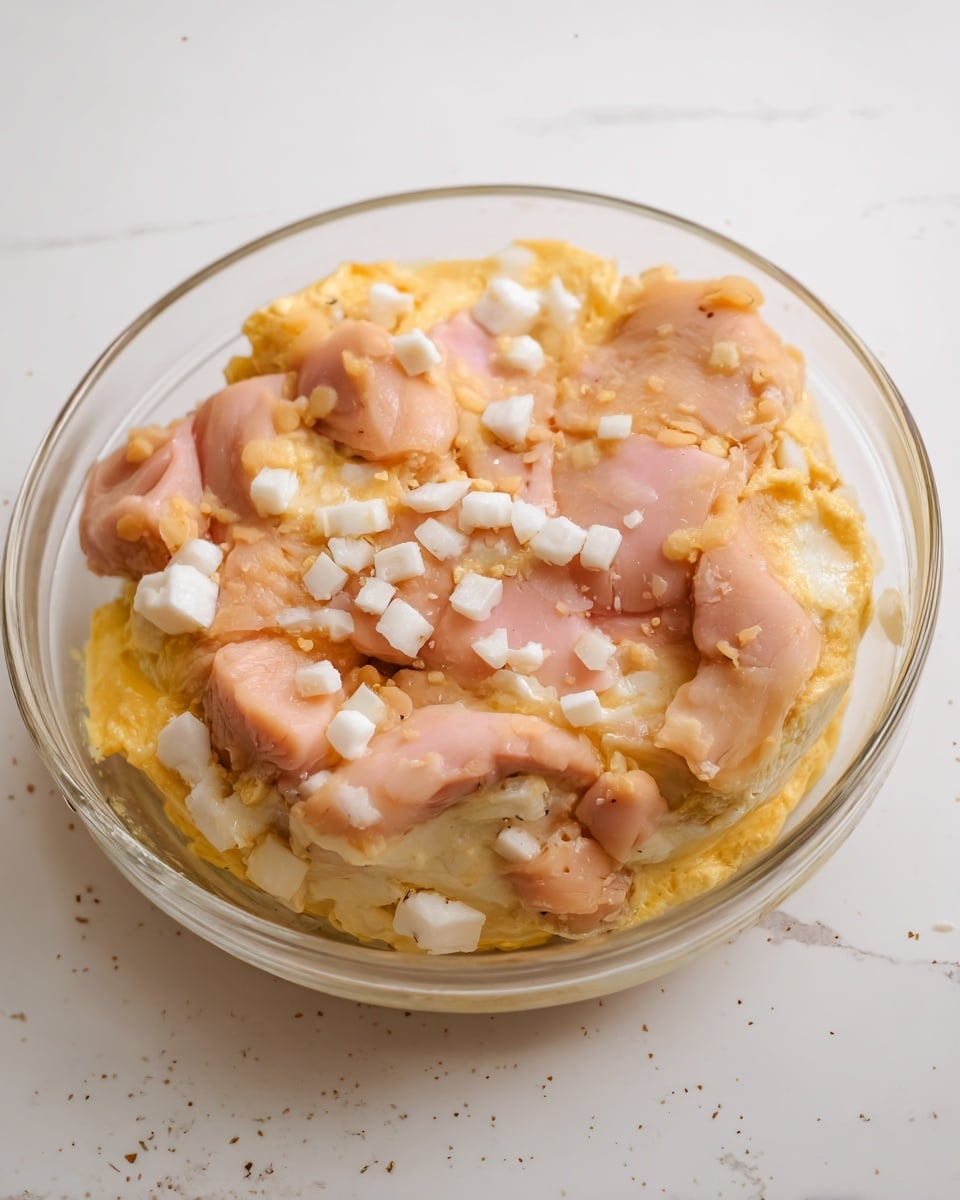 The image shows a clear glass bowl filled with a dish that has roughly three layers. The bottom layer is light yellow with a soft and smooth texture, appearing like cooked eggs. On top of this is a layer of pinkish pieces that look soft and slightly wet, resembling cooked poultry meat. Scattered across the top are small white cubes and bits, giving a crunchy texture. The bowl sits on a white marbled surface. Photo taken with an iphone --ar 4:5 --v 7