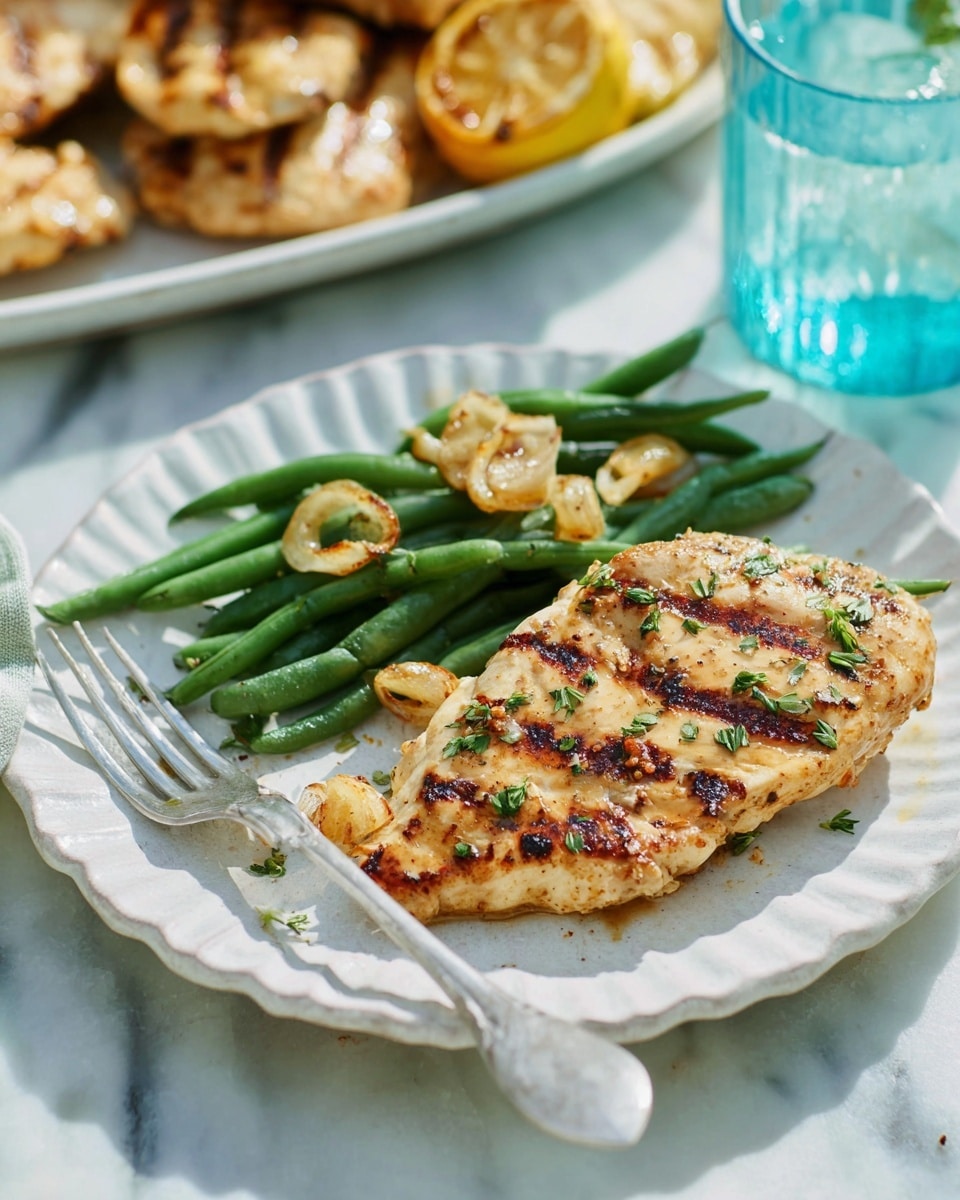 A white scalloped plate holds a grilled chicken piece with clear brown grill marks and small green herb sprinkles on top. Next to the chicken are bright green beans topped with thin golden-brown cooked garlic slices. A silver fork rests on the left side of the plate with its tines pointing toward the food. The plate sits on a white marbled surface with soft sunlight casting gentle shadows. In the upper right corner, there is a clear blue glass half-filled with water, and at the top left are more chicken pieces on a white dish partly visible, along with a grilled lemon half with a caramelized surface. photo taken with an iphone --ar 4:5 --v 7