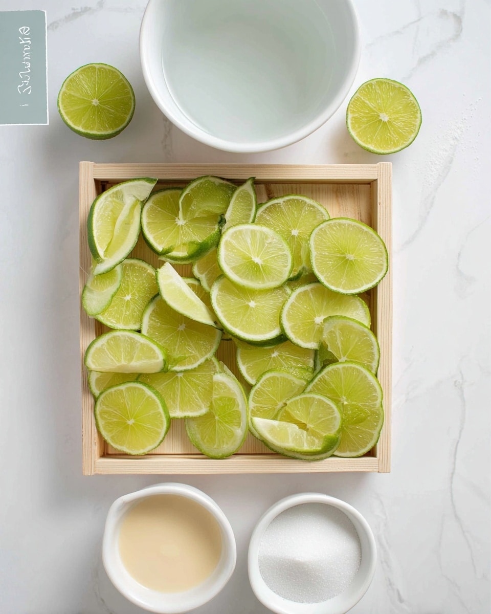 The image shows a light wooden square tray filled with many green lime slices arranged neatly and overlapping slightly, placed on a white marbled surface. Above the tray, there is a white bowl filled with clear water, and below the tray, two white bowls are visible; one with a creamy beige liquid and the other with white granulated sugar. The setting is clean and bright with the lime slices as the main focus. Photo taken with an iphone --ar 4:5 --v 7