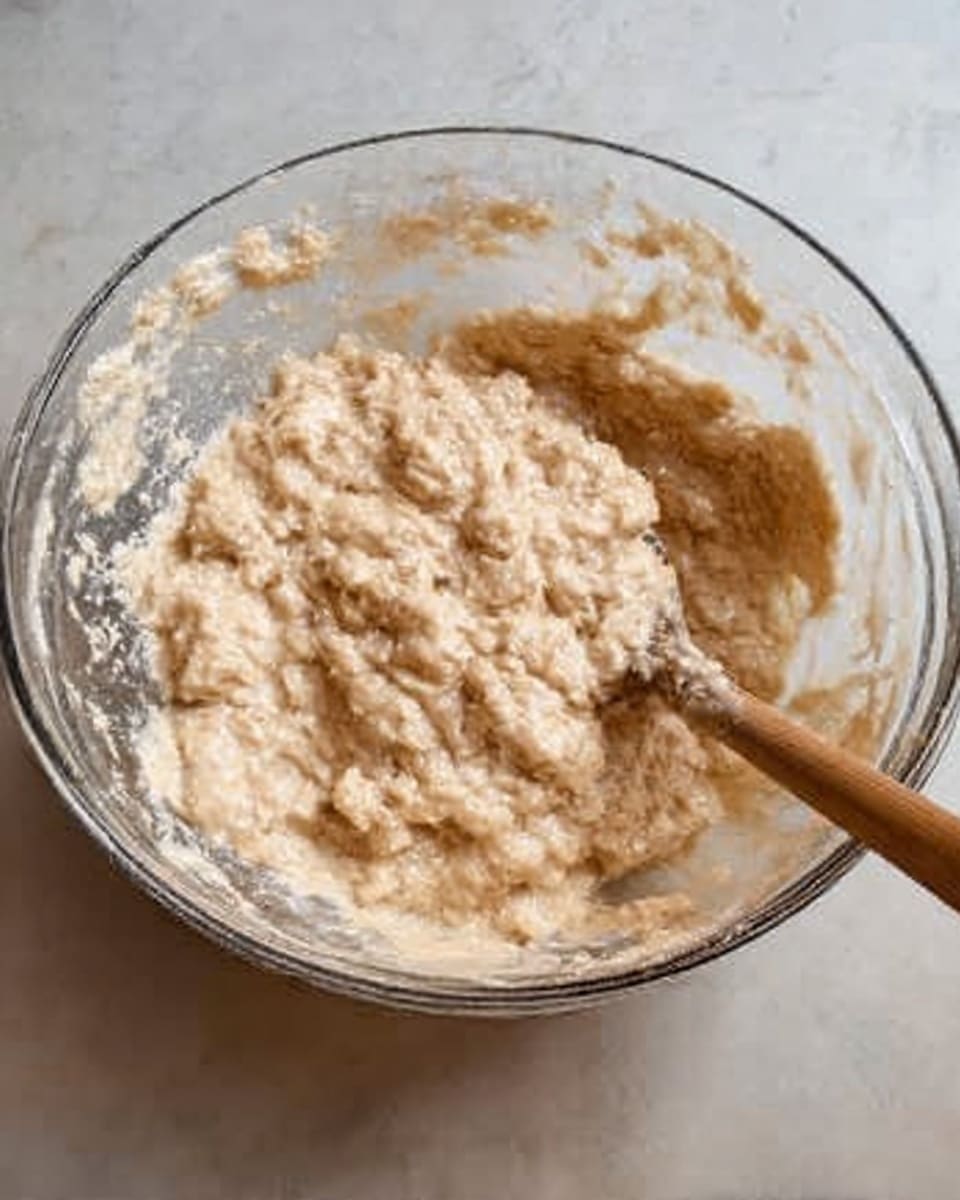 The image shows a clear glass bowl filled with a thick, lumpy, light beige batter mixture. The batter has visible clumps and a slightly wet texture. A wooden or light-colored spoon with a rounded end is partially submerged in the batter, resting at the right side of the bowl. The bowl is placed on a smooth white marbled surface, and some batter residue is visible on the inner sides of the bowl. photo taken with an iphone --ar 4:5 --v 7