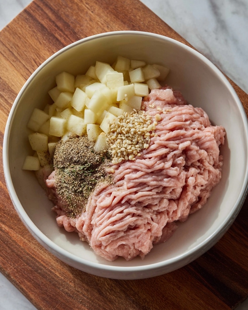 A white bowl filled with three main parts: on the right side, a large portion of pale pink minced meat with a soft, smooth texture arranged in folds; on the left side, a pile of small, pale yellow diced apples with a firm texture; on top of the meat, a cluster of spices including coarse black pepper, small tan seeds, and light beige powdered seasoning. The bowl is placed on a wooden cutting board over a white marbled surface. photo taken with an iphone --ar 4:5 --v 7