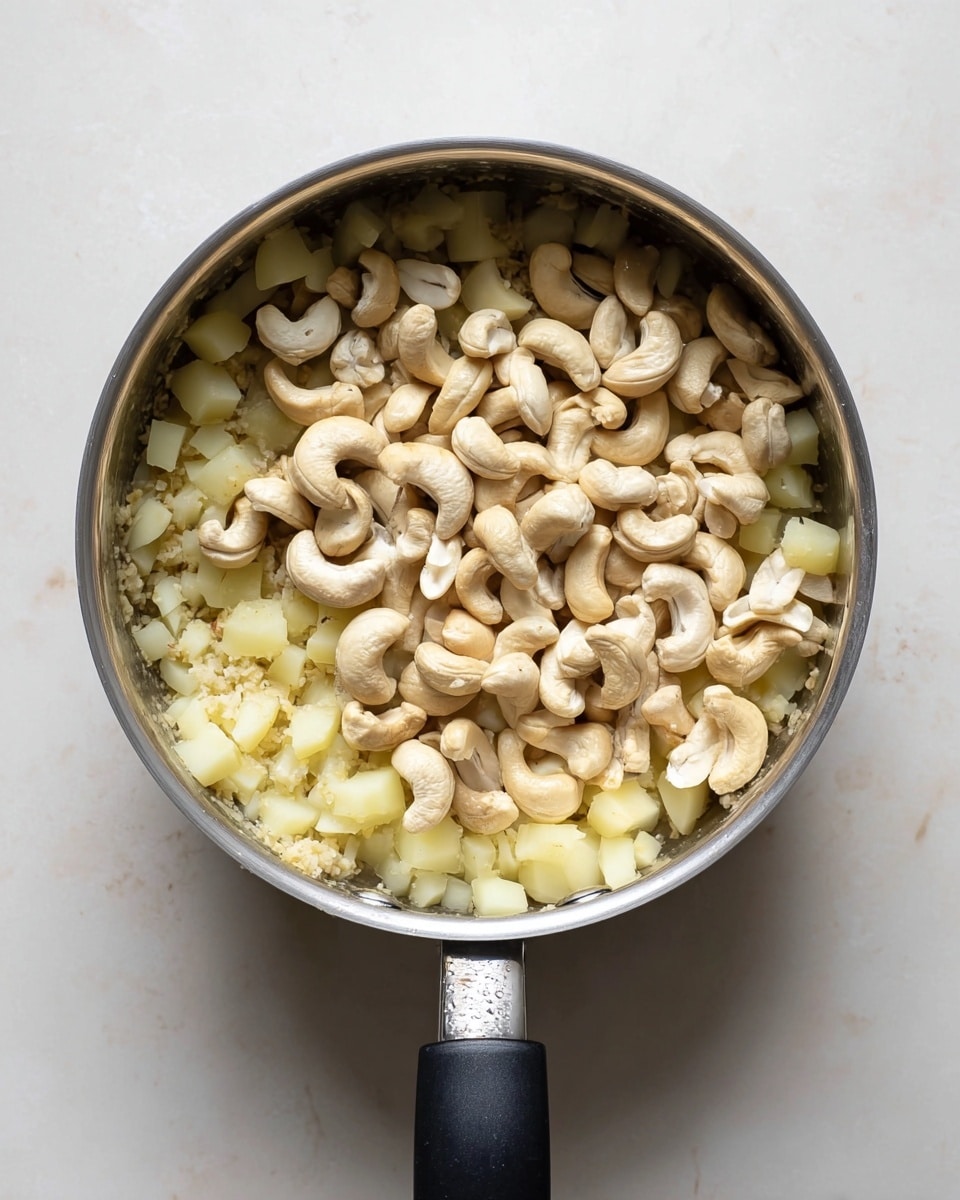 A silver cooking pan with a black handle is filled with two main layers of food. The bottom layer has small pale yellow cubes of cooked potatoes, soft and smooth in texture. The top layer is made of whole cashew nuts, creamy off-white in color with a slight shine, mixed evenly with the potatoes. The pan rests on a white marbled surface, and the image is taken from above showing the full inside of the pan. Photo taken with an iphone --ar 4:5 --v 7