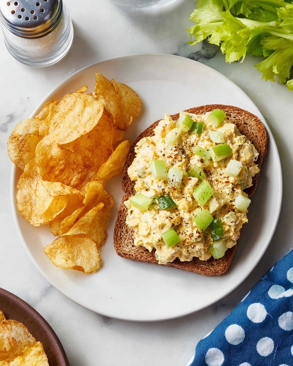 A white plate sits on a white marbled surface holding a simple meal of two main parts. On the right side, there is a single slice of brown whole grain toast, thickly topped with a creamy, pale yellow salad that has small chunks of green celery mixed inside and black pepper sprinkled over the top. On the left side of the plate, there is a small pile of golden-brown potato chips that look crisp and slightly curled. The scene includes part of a blue cloth with white dots on the lower right edge and some green celery leaves at the top left corner, with a salt shaker partially visible in the background. Photo taken with an iphone --ar 4:5 --v 7