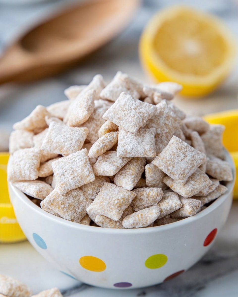 A close-up image of a white bowl filled with many small, square-shaped cereal pieces covered in a white powder, stacked high and overflowing. The cereal pieces have a rough texture and appear light beige under the white coating. The bowl is white with colorful polka dots around its side and is placed on a white marbled surface. In the background, there is a wooden spoon and a slice of lemon, both slightly out of focus, adding context to the setting. photo taken with an iphone --ar 4:5 --v 7