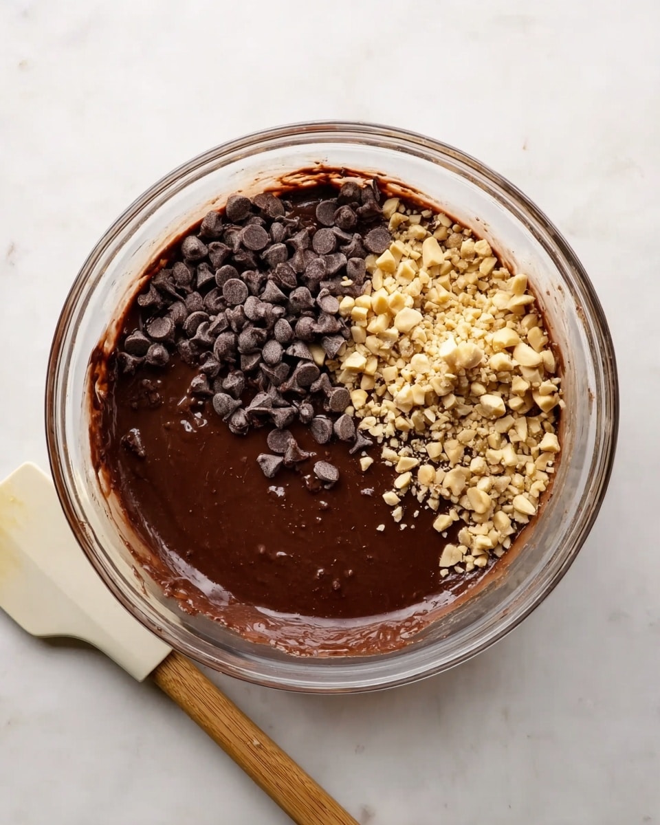 A clear glass bowl contains a thick, dark brown chocolate batter filling about three-quarters of the bowl. Inside, on one side, there are small dark brown chocolate chips, and on the other side, light beige chopped nuts, both resting on top of the batter without mixing. The bowl sits on a white marbled surface, with a spatula that has a white silicone head and a light wooden handle lying next to it. The image shows rich textures of smooth batter, firm chocolate chips, and crumbly nuts. Photo taken with an iphone --ar 4:5 --v 7