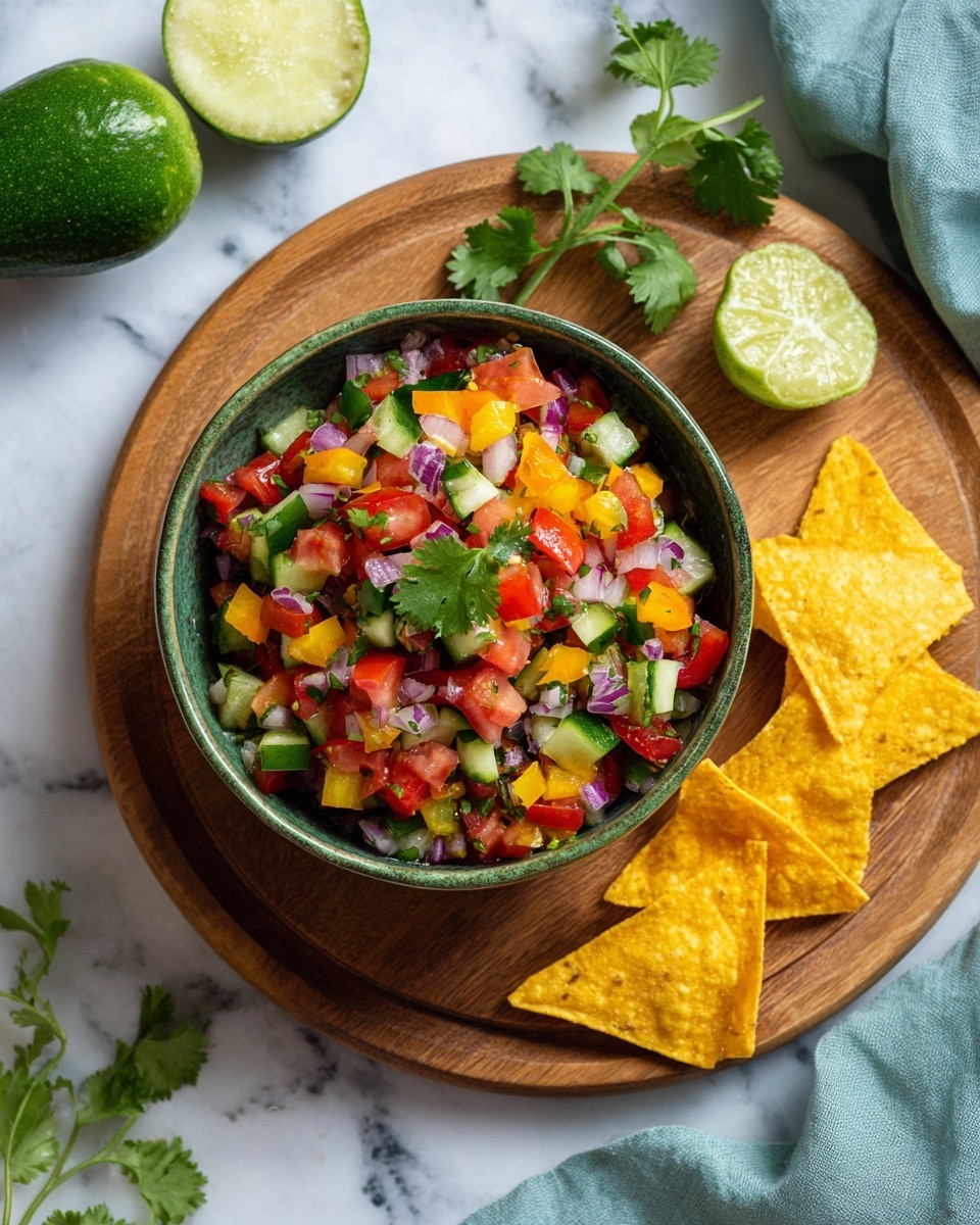 A green bowl filled with a colorful mix of diced red tomatoes, yellow bell peppers, green cucumber, and purple onions topped with fresh cilantro leaves sits in the center of a round wooden board. Around the bowl, yellow triangular chips are neatly arranged. To the left, a whole green lime, a wedge of lime, and half a cucumber rest on a white marbled surface. A soft blue-green cloth is casually draped to the upper right side of the bowl. photo taken with an iphone --ar 4:5 --v 7