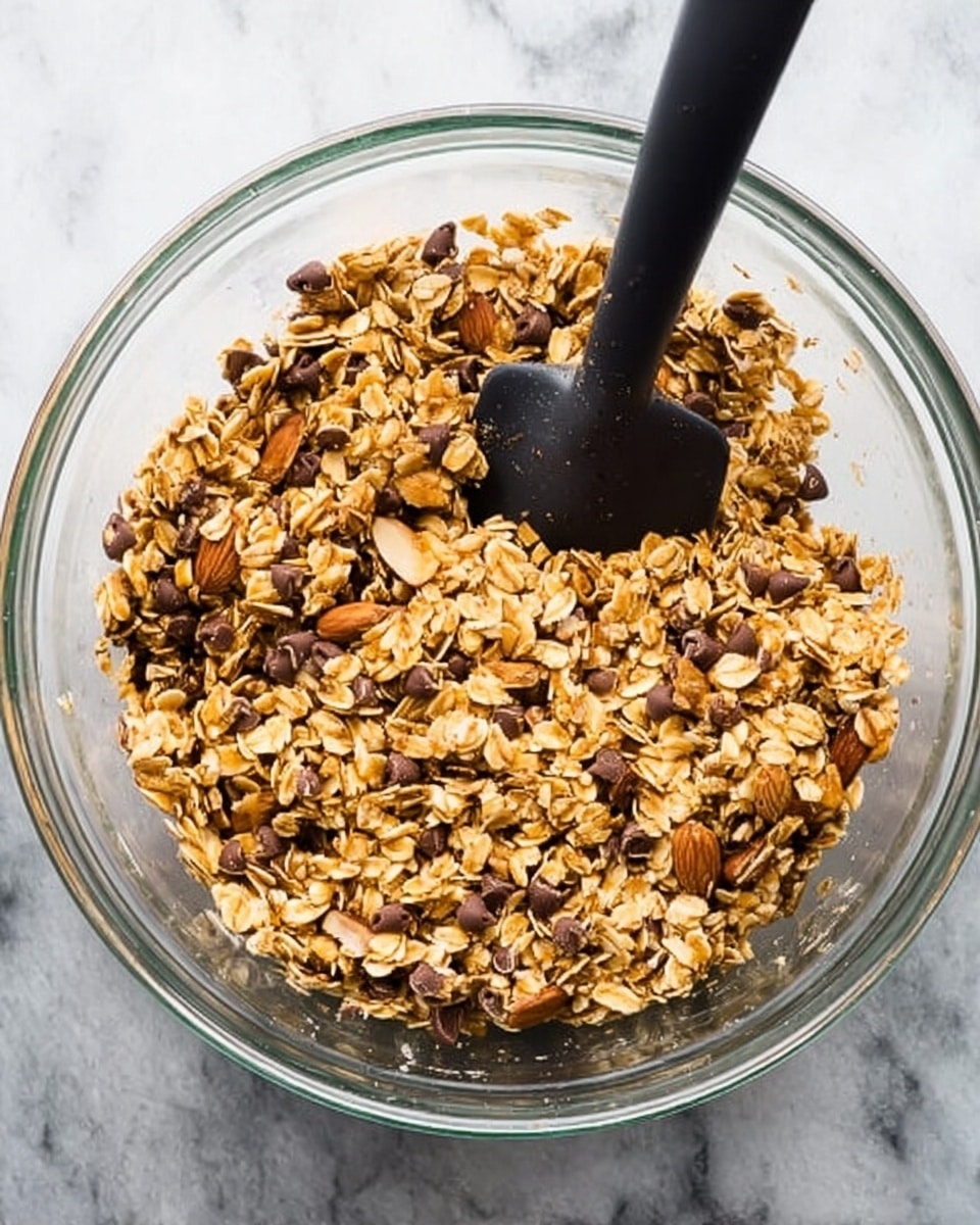 A clear glass bowl filled with a mix of golden oats, whole almonds, and small dark chocolate chips, all evenly spread throughout the mixture. The texture looks dry but slightly sticky, showing a combination of rough oats and smooth chocolate pieces. A black spatula stands upright inside the bowl, partially covered by the oat mixture. The bowl sits on a white marbled surface. photo taken with an iphone --ar 4:5 --v 7