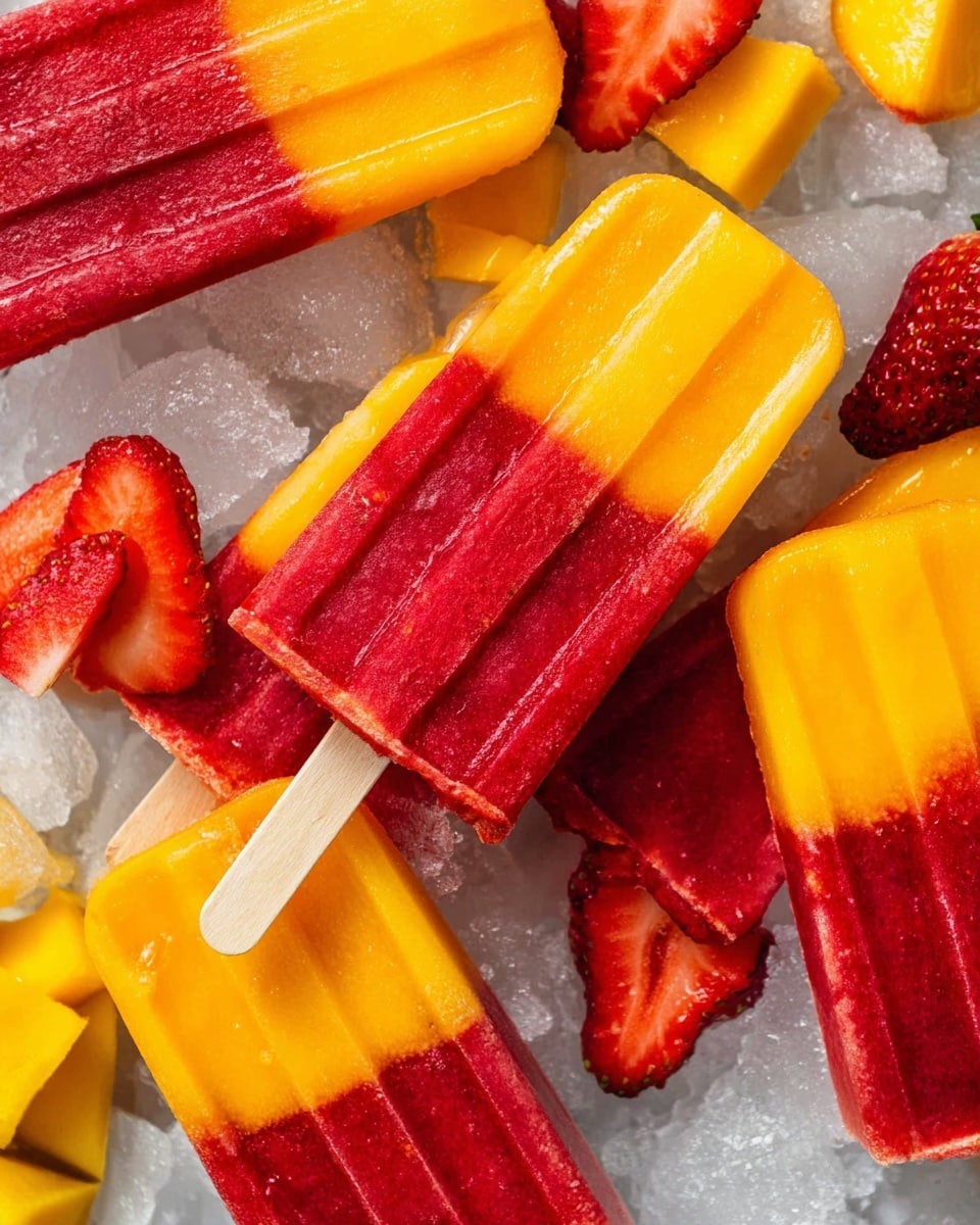 The image shows several popsicles with two layers: a bright red top and bottom layer and a thick orange-yellow middle layer. The popsicles have wooden sticks and are arranged closely on a bed of crushed ice that has a white marbled texture. Around the popsicles, there are fresh fruit pieces including a sliced red strawberry and yellow mango chunks. The colors of the popsicles and fruits are bright and vivid, giving a fresh and summery feel to the image. photo taken with an iphone --ar 4:5 --v 7
