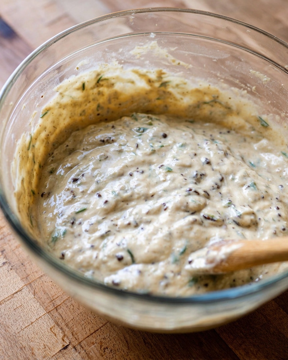 A clear glass bowl filled with a thick, creamy batter that is light beige in color with small dark specks and bits of green herbs mixed throughout. The batter has a slightly lumpy texture and is being stirred by a wooden spoon, partially visible on the right side. The bowl sits on a wooden surface with a soft focus background. Photo taken with an iphone --ar 4:5 --v 7