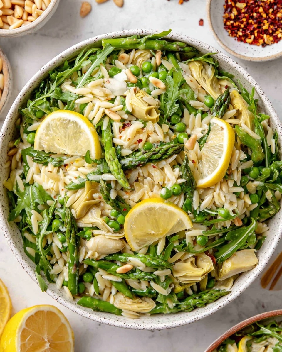 This dish is a close-up view of a white speckled bowl filled with a fresh orzo salad. The base layer is light cream-colored orzo pasta mixed with bright green asparagus pieces, and scattered throughout are rich green arugula leaves. Mixed in with these are light cream artichoke hearts and small golden toasted pine nuts. Two thin slices of bright yellow lemon rest on top, adding a pop of color. The bowl is placed on a white marbled surface with some small bowls around it holding more pine nuts and red pepper flakes. Photo taken with an iphone --ar 4:5 --v 7