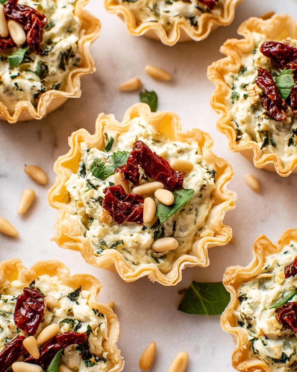 The image shows several small tartlets made with light golden, flaky pastry shells that have ruffled edges. Each tartlet is filled with a creamy, pale green mixture speckled with herbs. On top, there are pieces of dark red sun-dried tomatoes, bright green chopped basil, and light beige pine nuts scattered, adding texture and color contrast. The tartlets are placed on a white marbled surface, with some pine nuts scattered around them. The lighting is bright, highlighting the fresh and crisp look of the tartlets. photo taken with an iphone --ar 4:5 --v 7