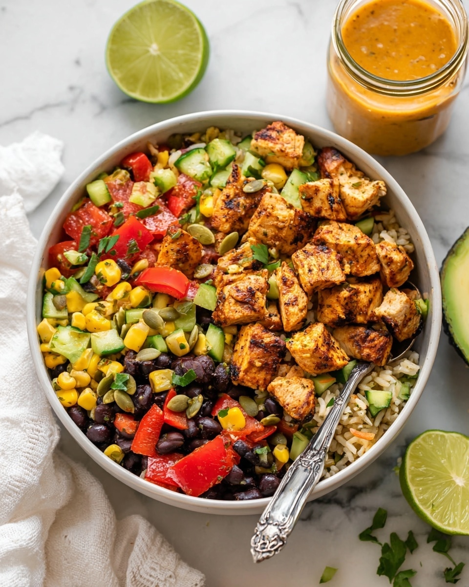 The dish is a colorful mix served in a deep white bowl with a metal spoon. It has about four main layers: the base is cooked rice mixed with seasonings, followed by a layer of black beans and bright yellow corn kernels. On top, there are chunks of grilled chicken with a light brown crust and pieces of red bell pepper and green cucumber adding fresh color. Small green pumpkin seeds and chopped green onions are scattered throughout, giving texture and extra color contrast. A squeezed lime half and a jar of orange dressing sit behind the bowl on a white marbled surface, with a white cloth nearby. photo taken with an iphone --ar 4:5 --v 7