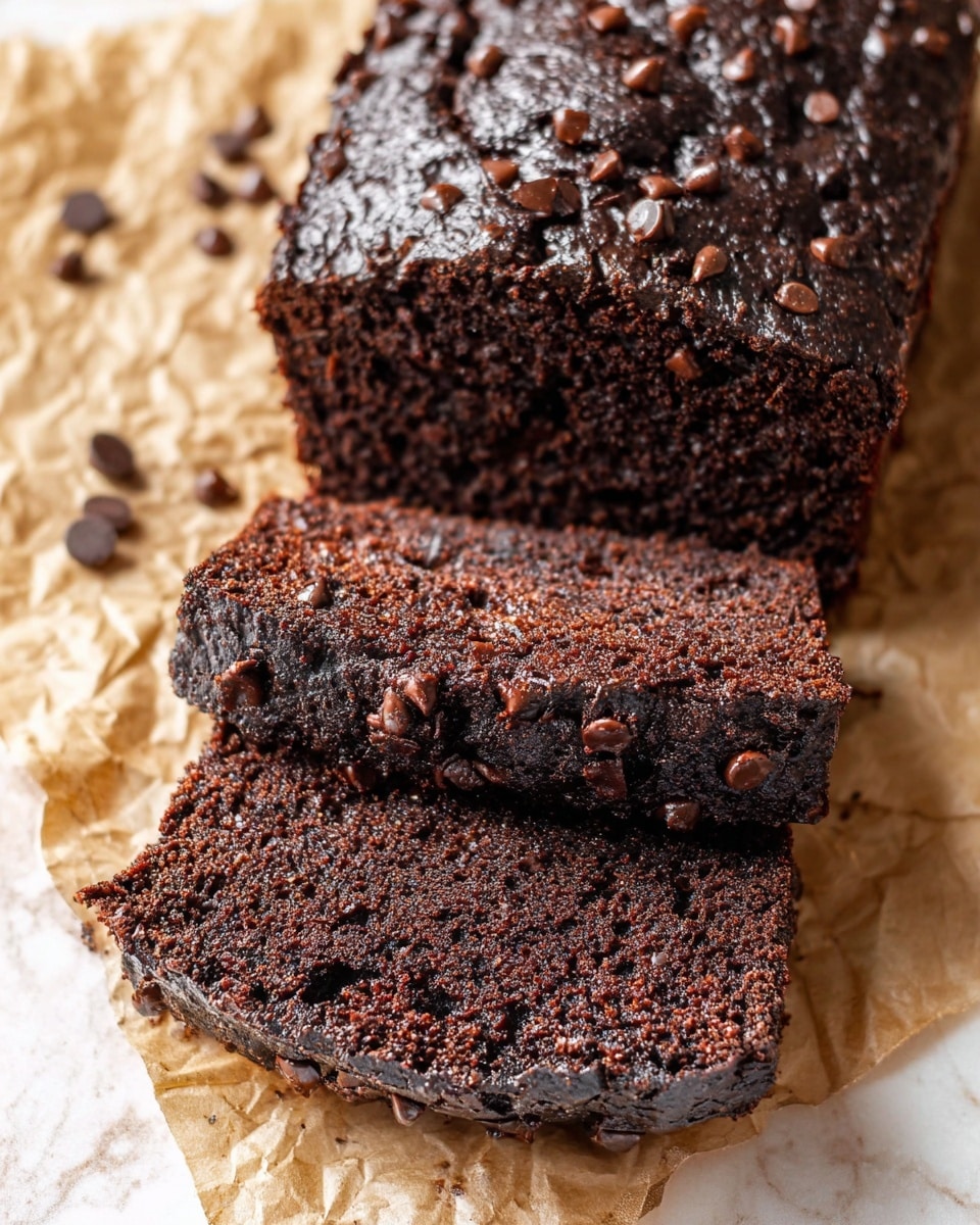 A close-up view shows a thick, dark chocolate loaf with a slightly shiny, cracked top sprinkled with small chocolate chips, revealing two slices cut in front of it. The dark, moist inside texture has tiny air holes and small chocolate bits and lighter spots within. The loaf rests on crumpled brown paper, placed on a white marbled surface with scattered chocolate chips around. Photo taken with an iphone --ar 4:5 --v 7