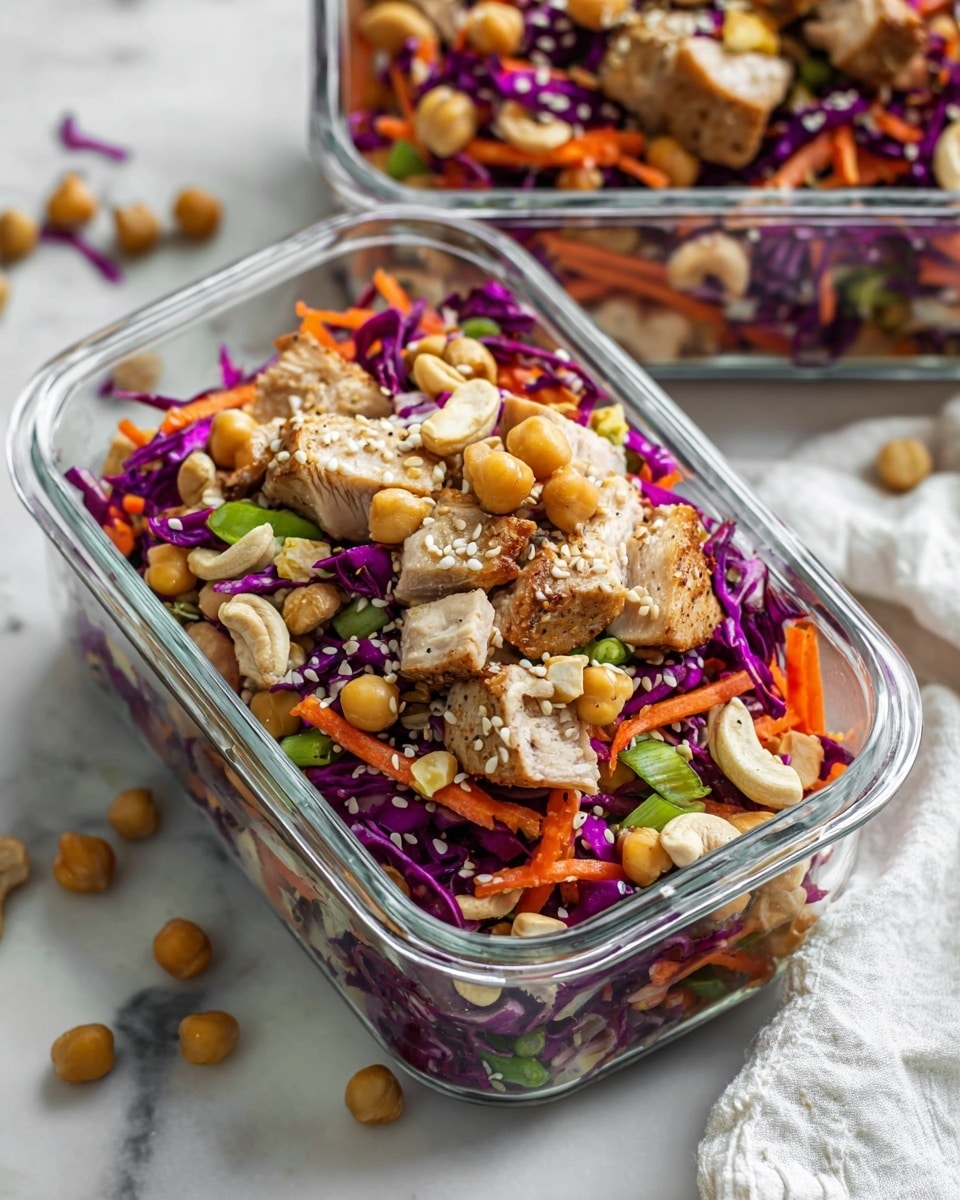 The image shows a rectangular clear glass container filled with a colorful salad made of multiple layers: large chunks of browned cooked chicken on top, small round beige chickpeas, thin orange carrot strips, and shredded deep purple cabbage. Scattered across the salad are slices of green onion, light brown roasted cashews, and sprinkled sesame seeds. The container is placed on a white marbled surface with a partially visible white cloth nearby and another similar white container filled with the same salad in the background. Photo taken with an iphone --ar 4:5 --v 7