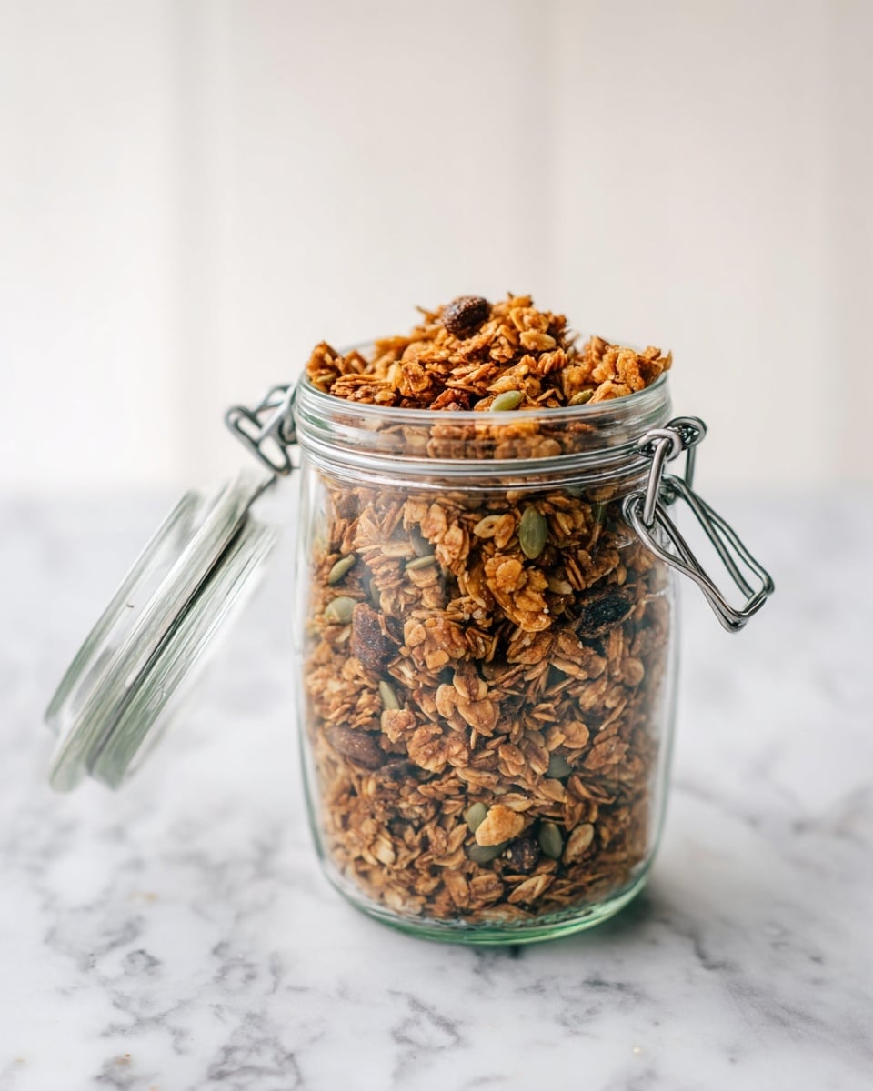 A clear glass jar with a metal clasp lid is half full of golden brown granola, showing clusters of oats, nuts, and seeds inside. The jar stands on a white marbled surface, with the lid open and resting to the left, letting light shine through the crunchy granola pieces inside. The granola has a rough texture with some greenish seeds and darker brown bits mixed in, filling the bottom half of the jar, while the top half remains empty and shiny. The background is simple and light, emphasizing the jar and its contents. photo taken with an iphone --ar 4:5 --v 7