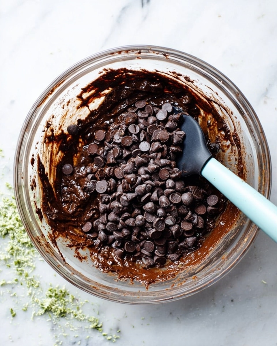 A clear glass bowl filled with thick dark brown chocolate batter mixed with many dark chocolate chips sitting mostly on top, a black spatula with a light blue handle resting inside the bowl on the right side, the bowl placed on a white marbled surface with tiny green shredded pieces scattered around the bottom left. Photo taken with an iphone --ar 4:5 --v 7