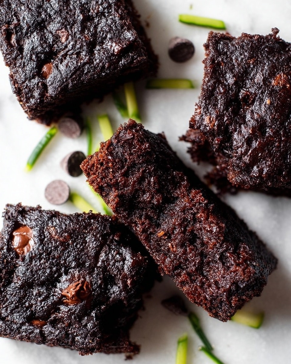 The image shows four thick, dark chocolate brownies with a rich, dense texture. One brownie is broken in half, revealing a moist and fudgy inside with small chocolate chunks. The brownies are placed on a white marbled surface scattered lightly with thin green vegetable strips, adding a fresh touch. A few chocolate chips are visible near the brownies, enhancing the chocolate theme. The overall look is rustic and inviting, focusing on the deep brown color and textured surface of the brownies. Photo taken with an iphone --ar 4:5 --v 7